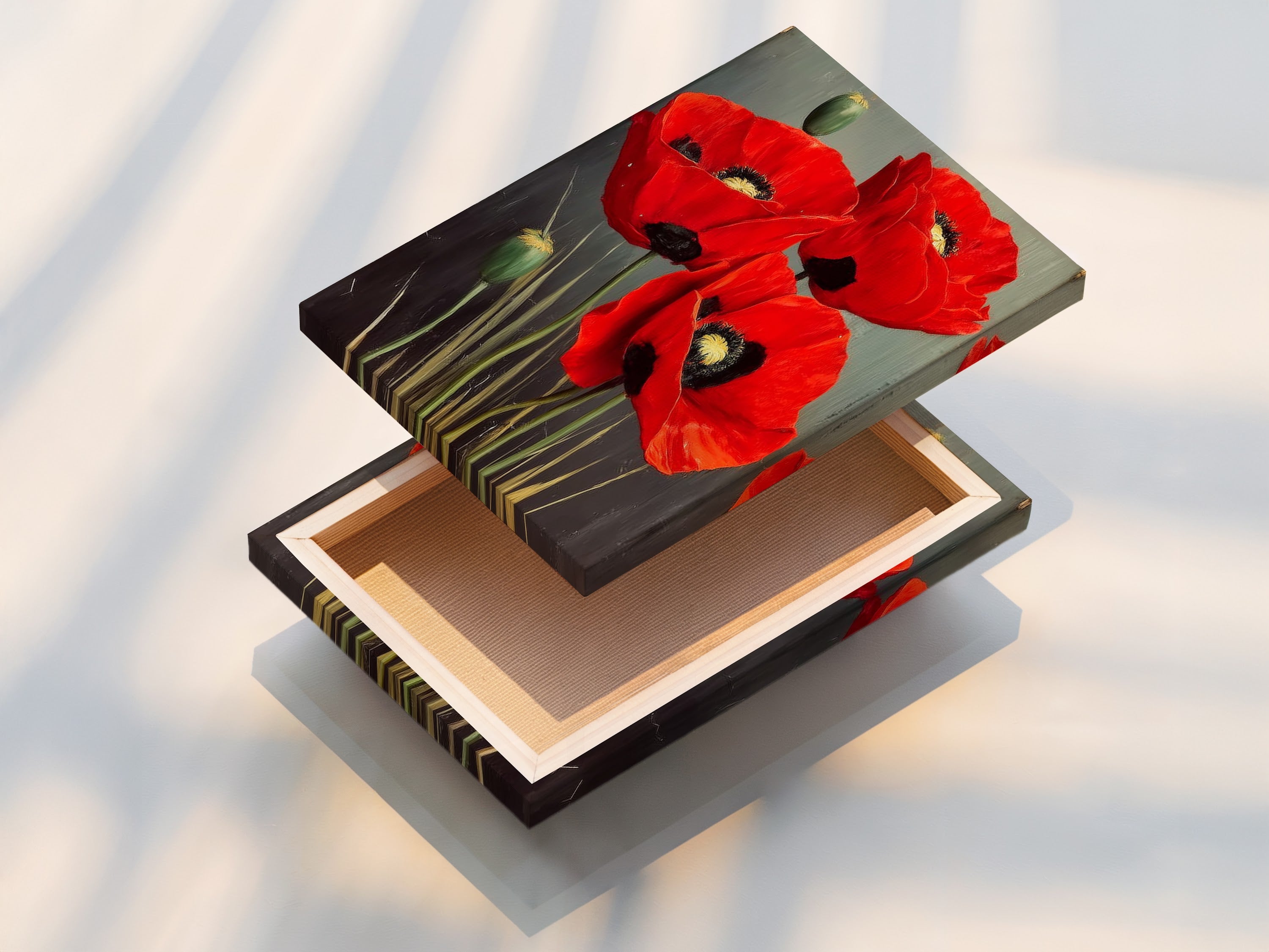 This is a stretched canvas print of red poppy floral artwork. This vintage flower photography is ready to hang. It provides a seamless and gallery-ready display. Enhance your home with this stunning floral print.