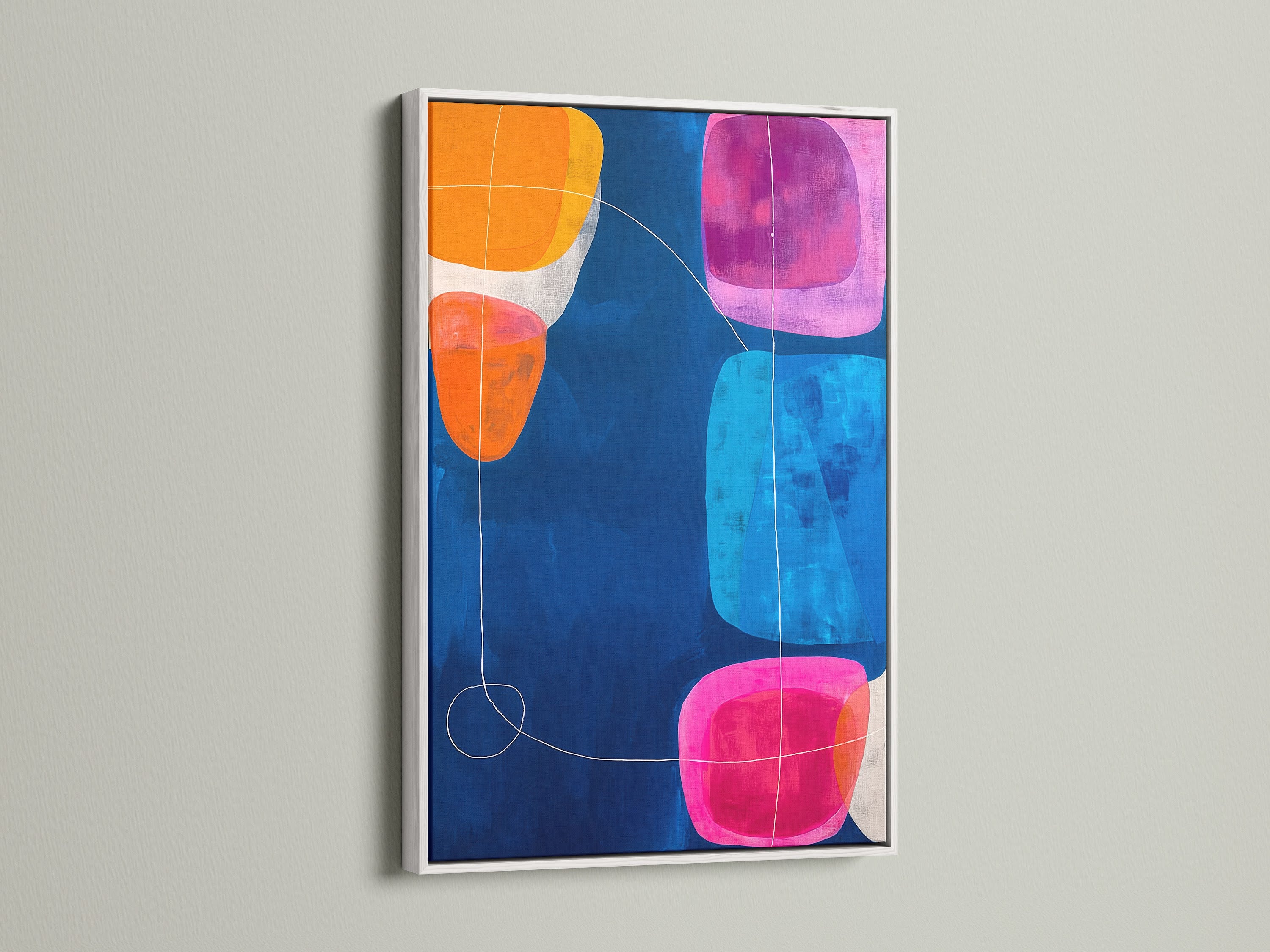 Modern Abstract Art in a White Frame. The geometric print features a navy blue background with pink orange and blue shapes. Enhance your office wall decor with this colorful wall art. This contemporary art piece brings a vibrant touch to any gallery or studio