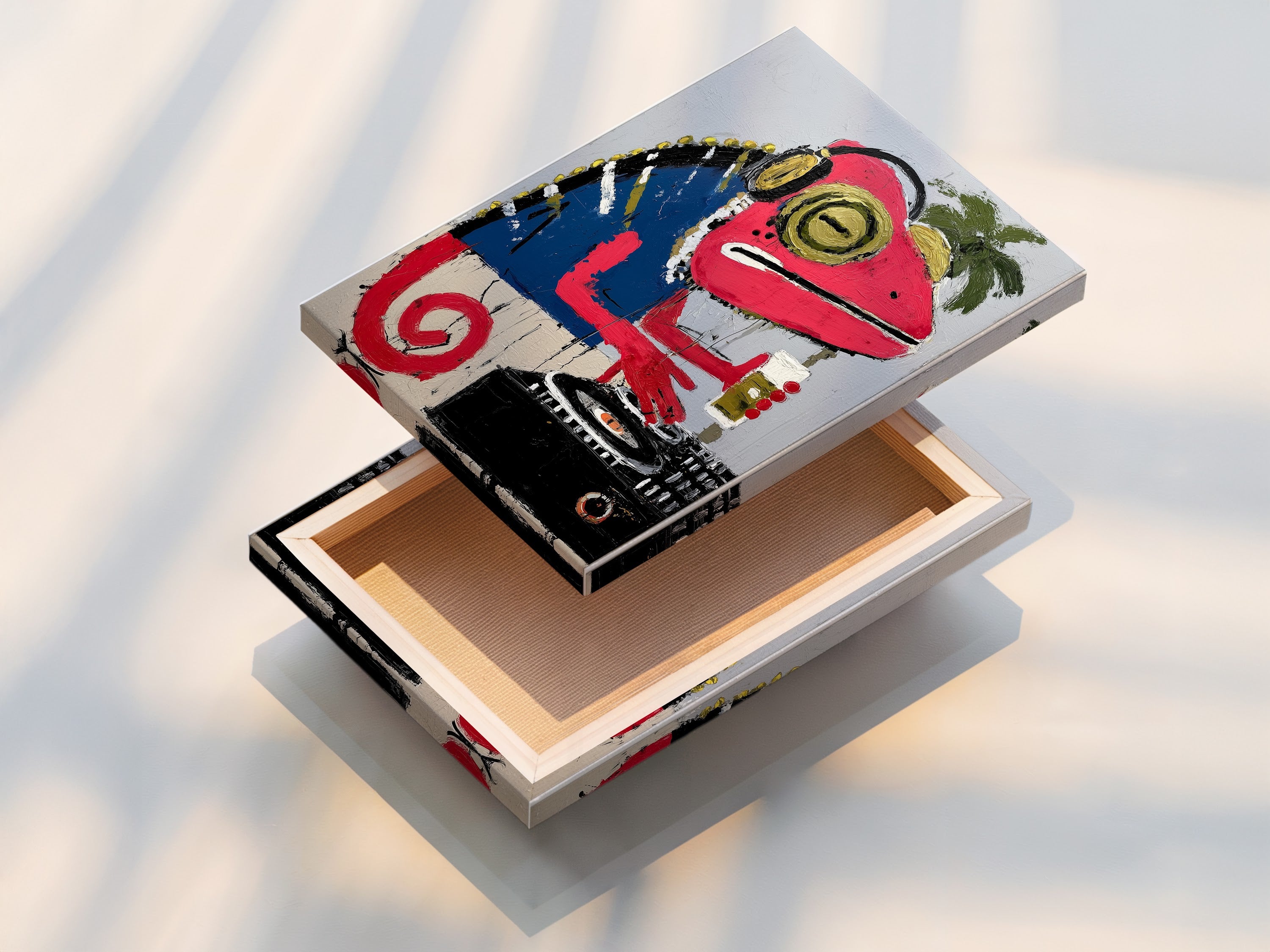 Stretched canvas print of the Iguana DJ artwork. Ready to hang and enjoy. The vibrant colors and contemporary style make it a focal point. Ideal for modern homes.