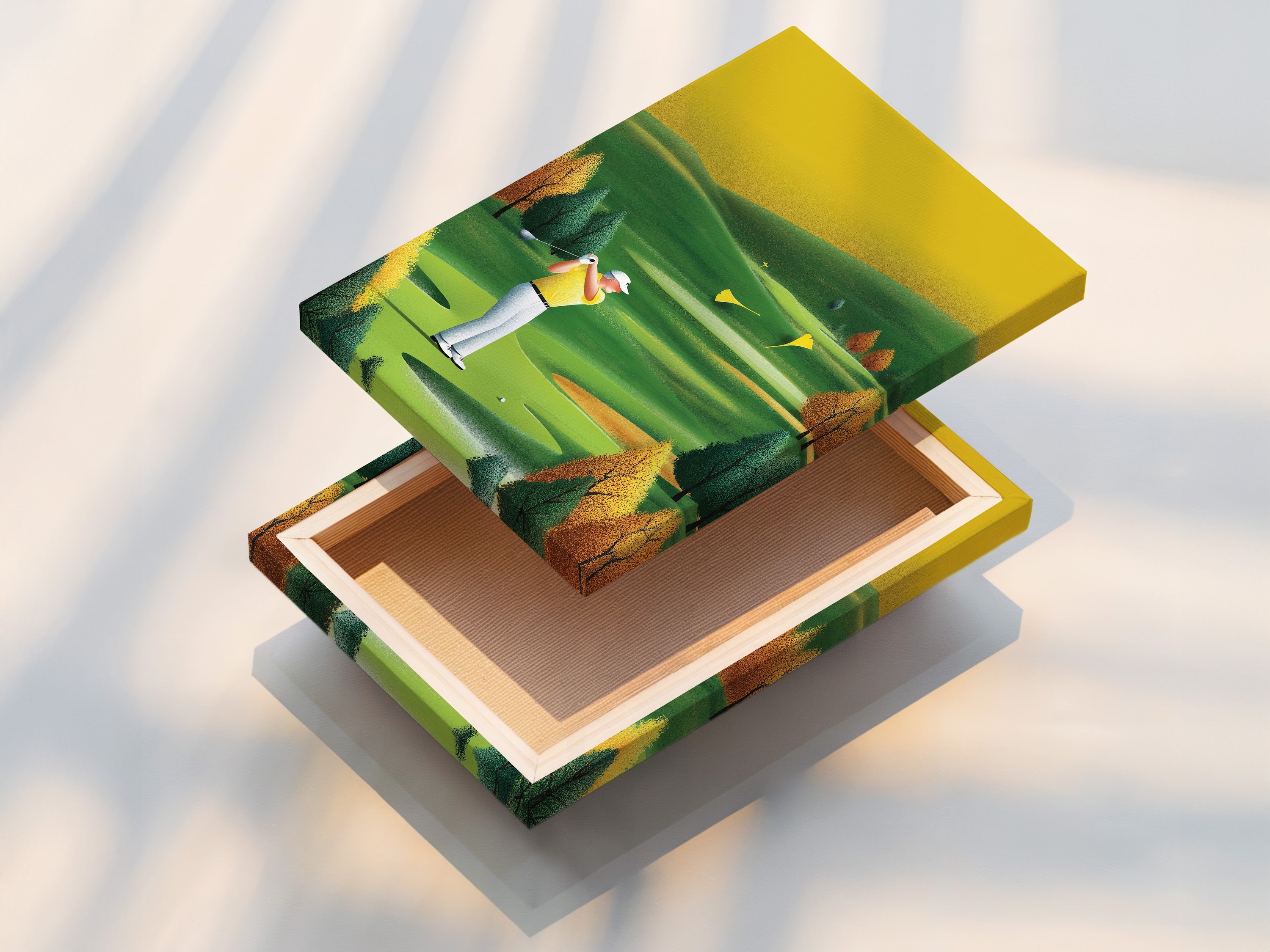 A stretched canvas print featuring vintage golf art. Ready to hang sports wall decor. The golfer artwork is vibrant and eye-catching. Perfect for an office or man cave. This golf course print adds a touch of mid-century style. A great golf lover gift.