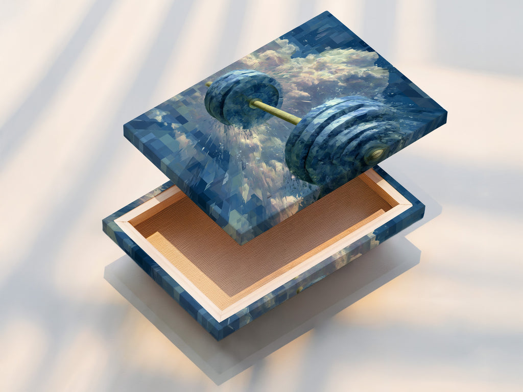 A stretched canvas print featuring fitness motivation artwork. This abstract dumbbell art print is perfect for creating a dynamic gym room decor. Transform your workout room with this strength training artwork.