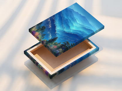 This is a stretched canvas print of misty mountains. The artwork is ready to hang. It provides a modern decor option. Perfect for creating a serene environment. Transform your space with this stunning landscape wall art. Enjoy the calming nature.