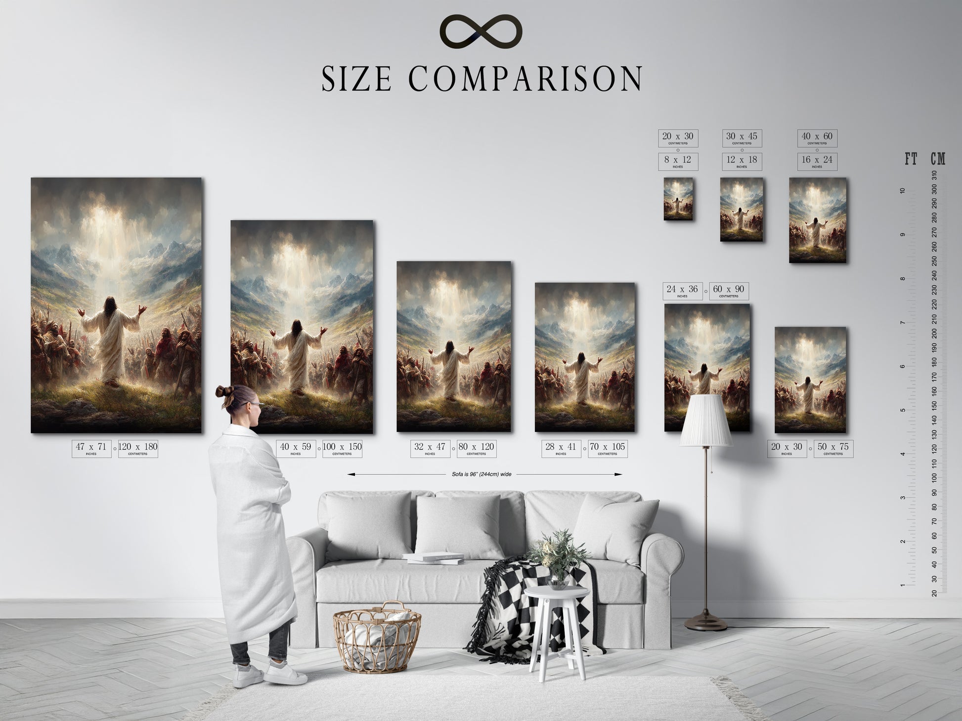 A size comparison chart is displayed in an interior setting. Visualize the perfect fit for your space. Explore sizes for religious wall art. Find the ideal christian canvas for your home or office.