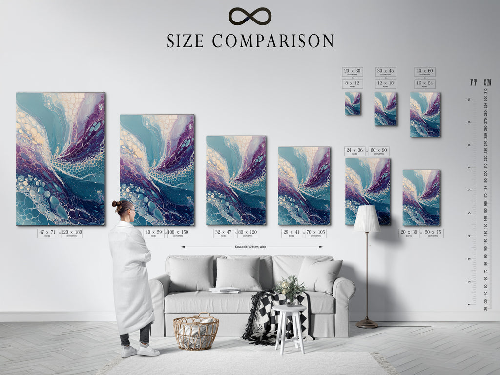 A size comparison chart is displayed in an interior setting. The chart helps visualize different sizes of artwork. It features examples of abstract fluid art prints. Teal and purple colors are showcased. Find the perfect fit for your space with this helpful guide.