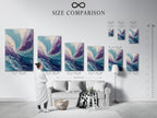 A size comparison chart is displayed in an interior setting. The chart helps visualize different sizes of artwork. It features examples of abstract fluid art prints. Teal and purple colors are showcased. Find the perfect fit for your space with this helpful guide.