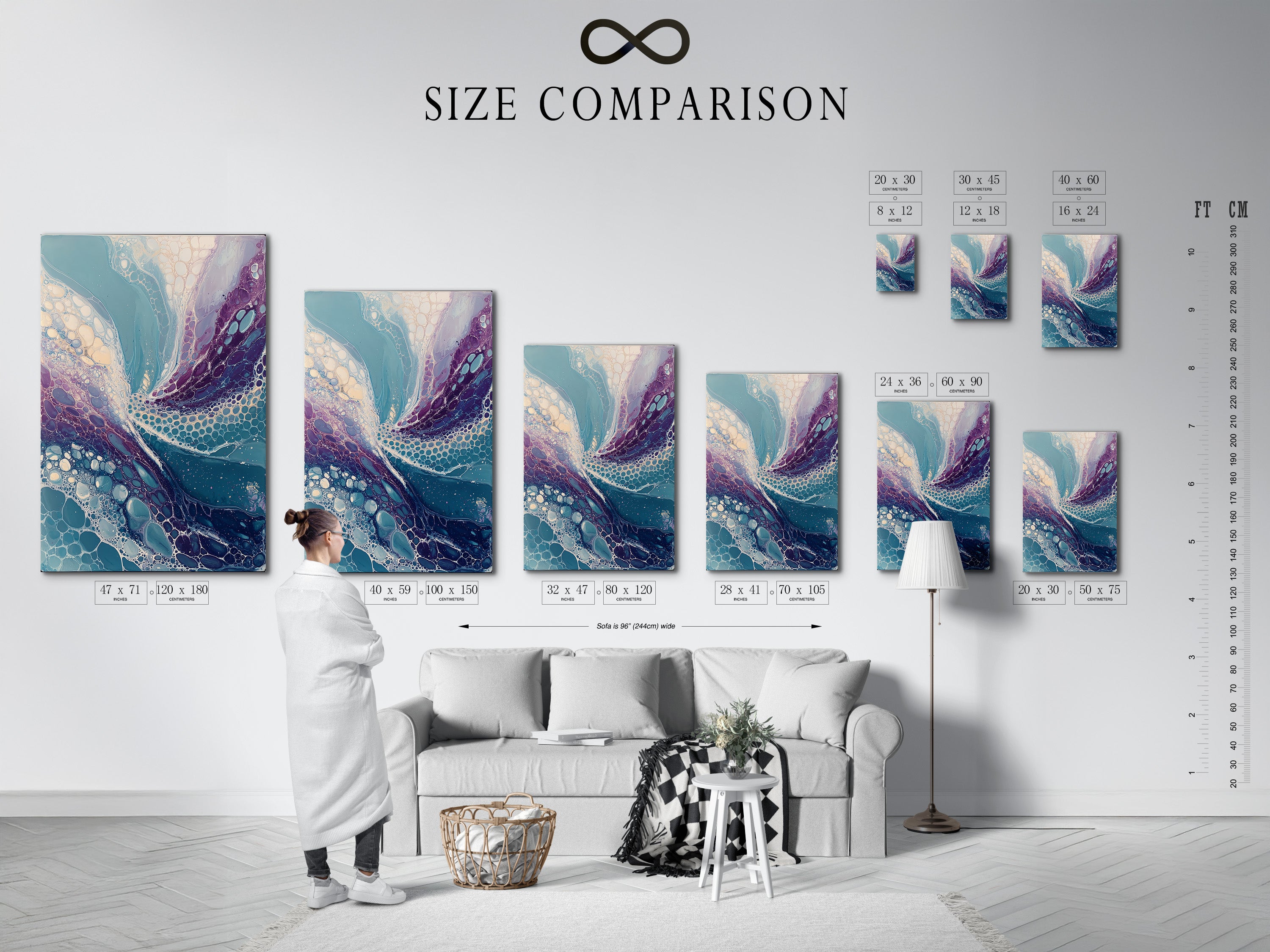 A size comparison chart is displayed in an interior setting. The chart helps visualize different sizes of artwork. It features examples of abstract fluid art prints. Teal and purple colors are showcased. Find the perfect fit for your space with this helpful guide.