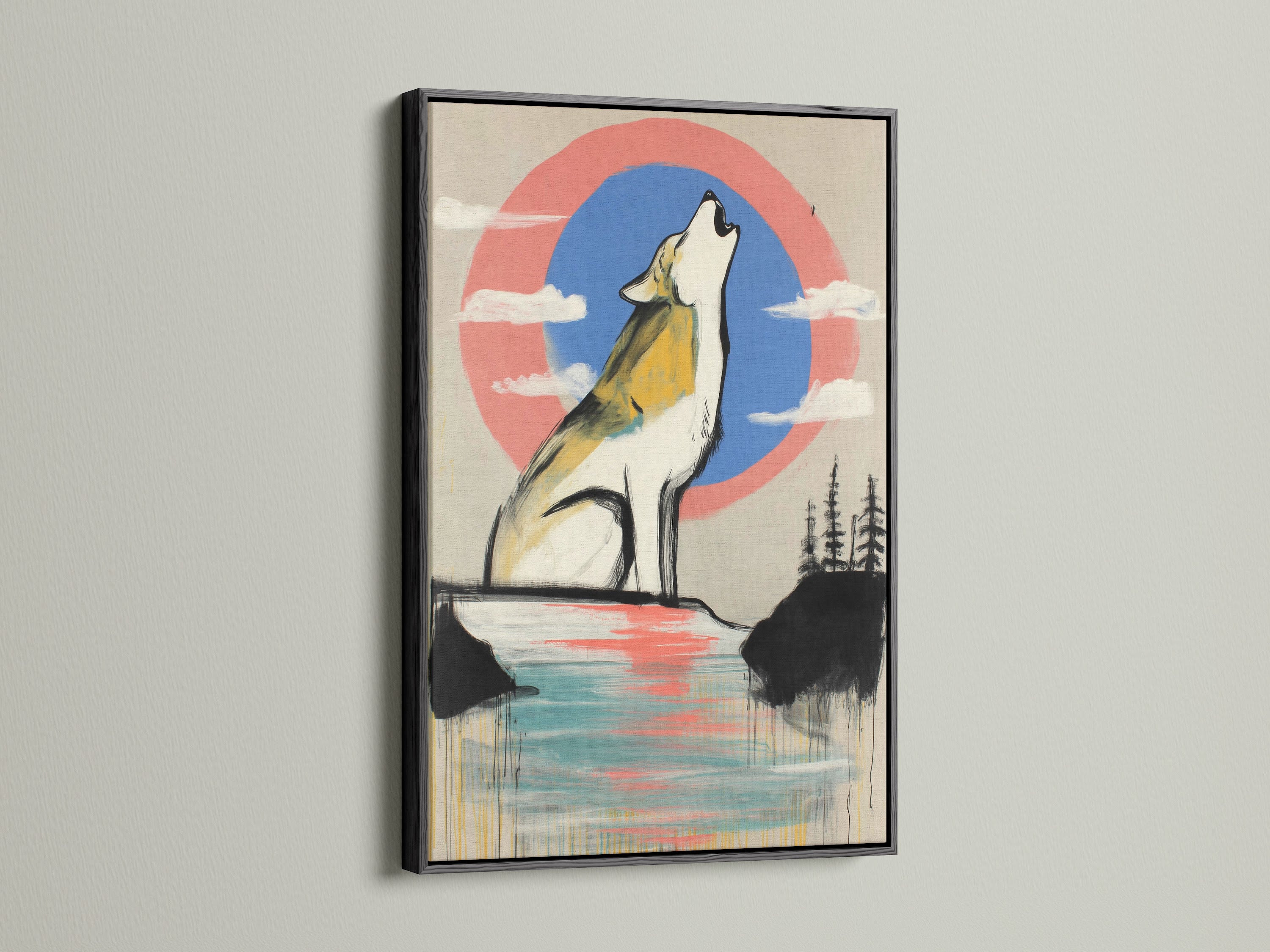 A black frame displays a captivating wolf artwork. The art features a howling wolf in front of an abstract coral blue sky. This is a bold statement piece for any room. This is perfect for modern wildlife wall decor. Enhance your space with this nature-inspired artwork.