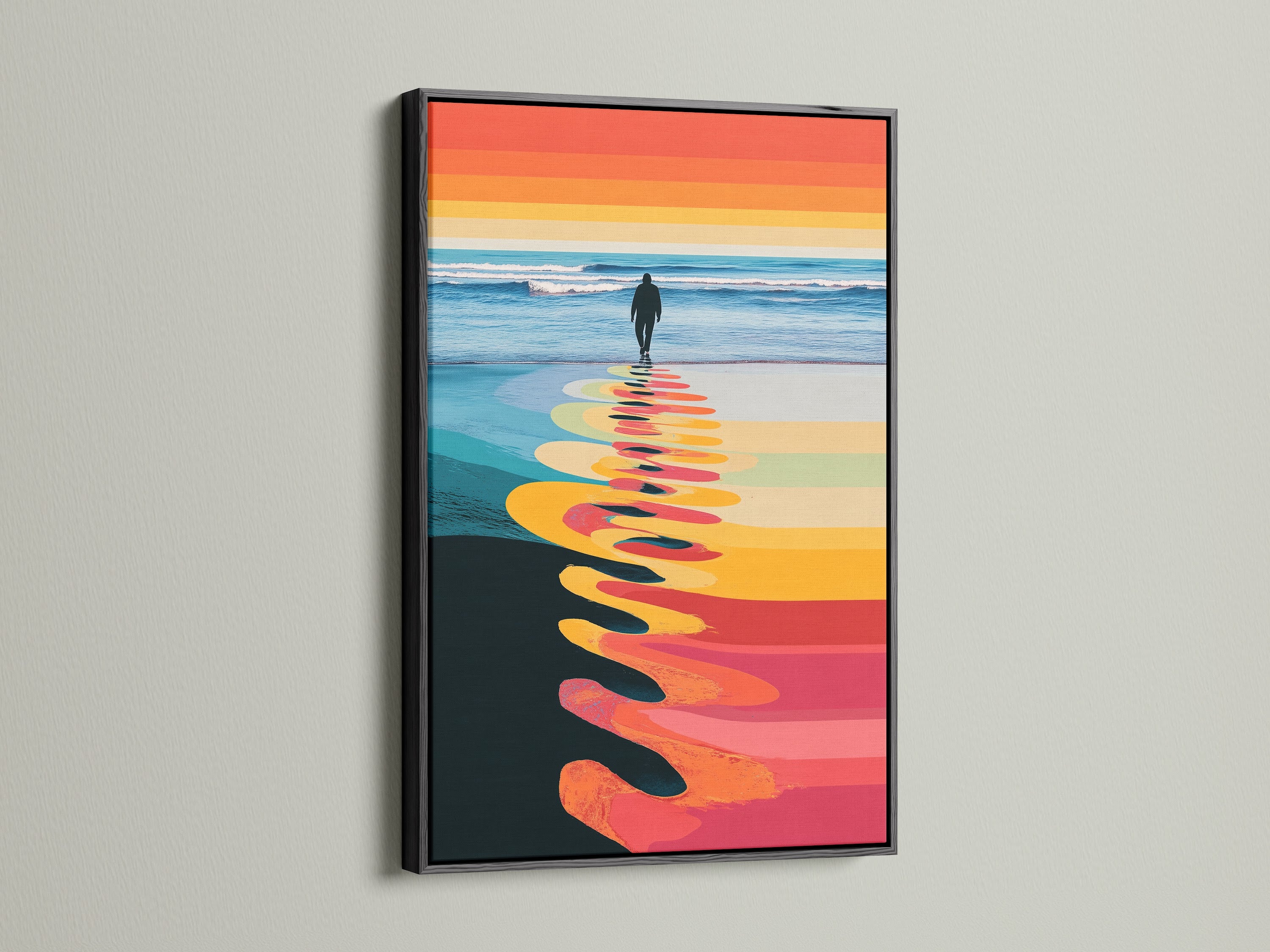 Retro striped seascape wall art is shown in a black frame. This modern art print features a beach scene with sunset tones. Ideal as bedroom wall decor. The black frame adds a touch of elegance to the colorful print. Add this calming art to your collection.