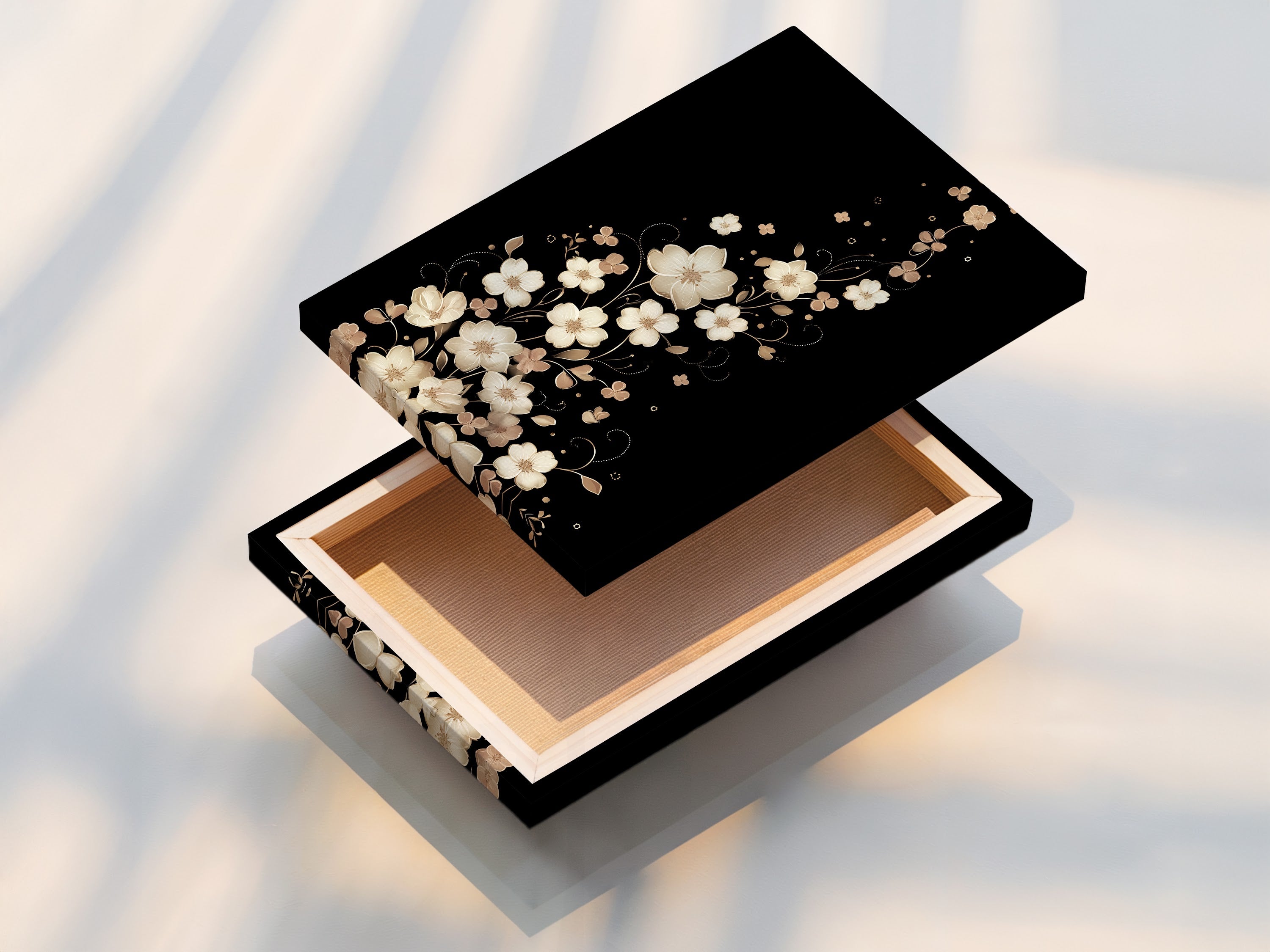 A stretched canvas print is displayed. It features a beige flower wall art. The botanical artwork is ready to hang. This neutral print is perfect for adding style to your living room or bedroom decor.