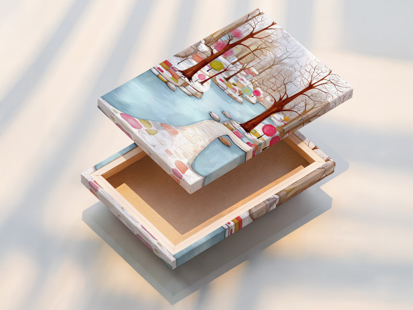 Here is a stretched canvas print of the Winter Garden artwork. The bare trees print is ready to hang. The pastel color art will enhance your home decor. This colorful art print is a great choice. It is perfect for any room.