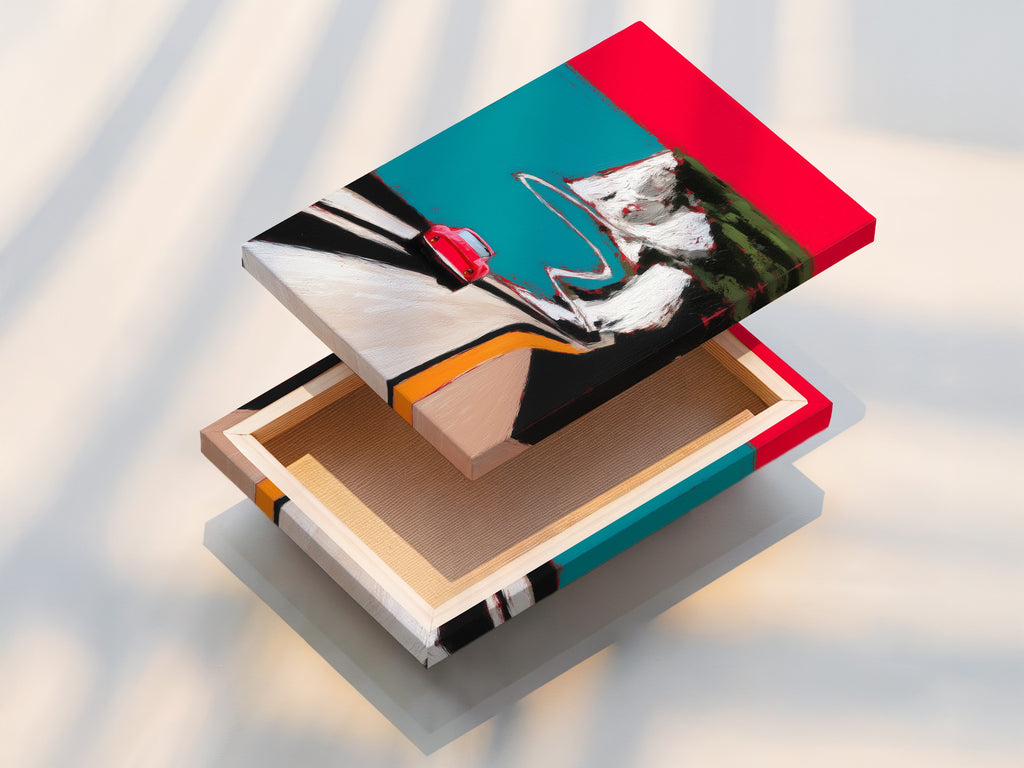 Close up of a stretched canvas print of the coastal road artwork. The artwork features a red car driving along a scenic coastal road. This stretched canvas print is ready to hang and enjoy. Perfect for adding a touch of mid-century modern style to your home or office. A great piece for art collectors.