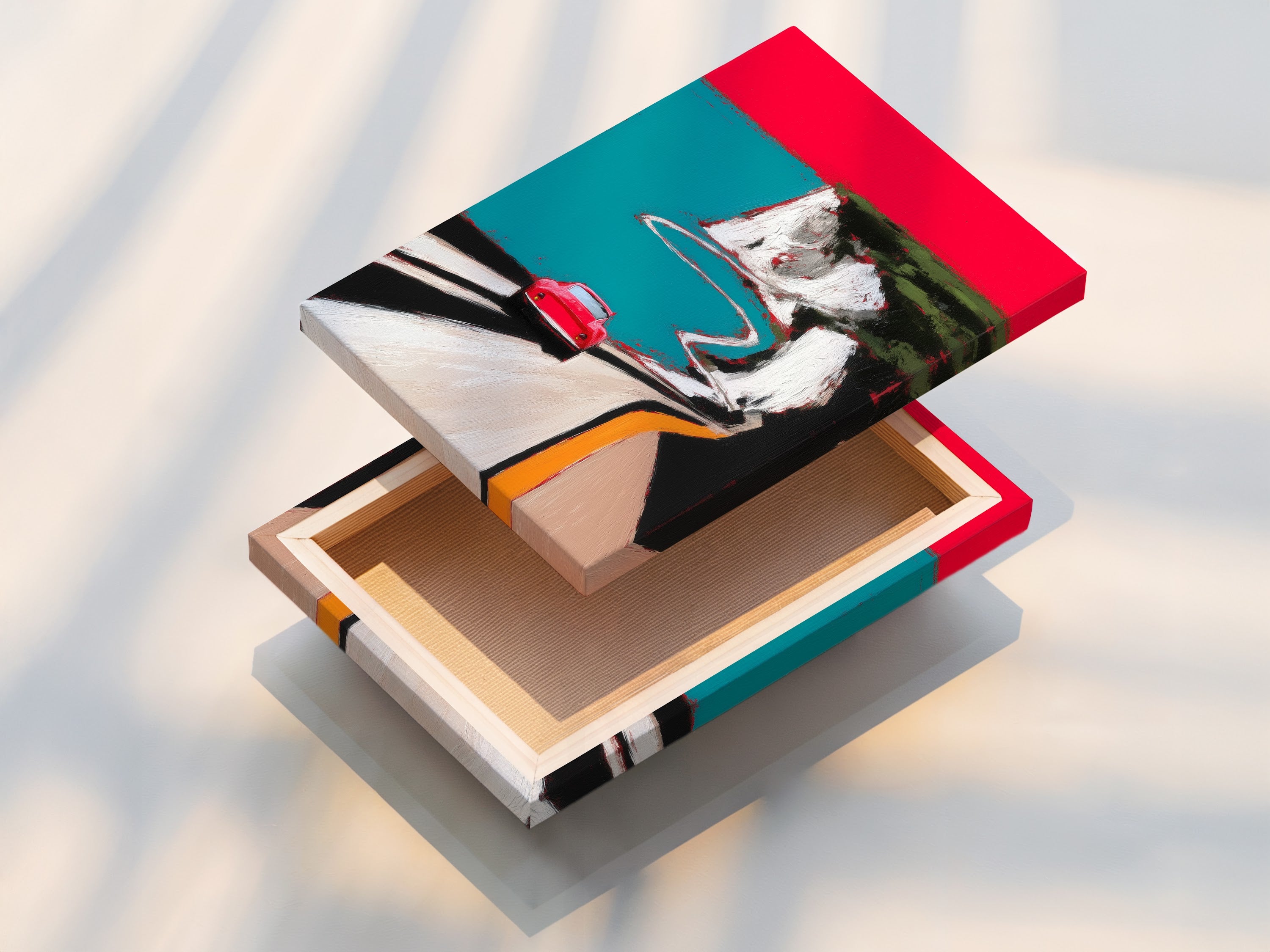 Close up of a stretched canvas print of the coastal road artwork. The artwork features a red car driving along a scenic coastal road. This stretched canvas print is ready to hang and enjoy. Perfect for adding a touch of mid-century modern style to your home or office. A great piece for art collectors.