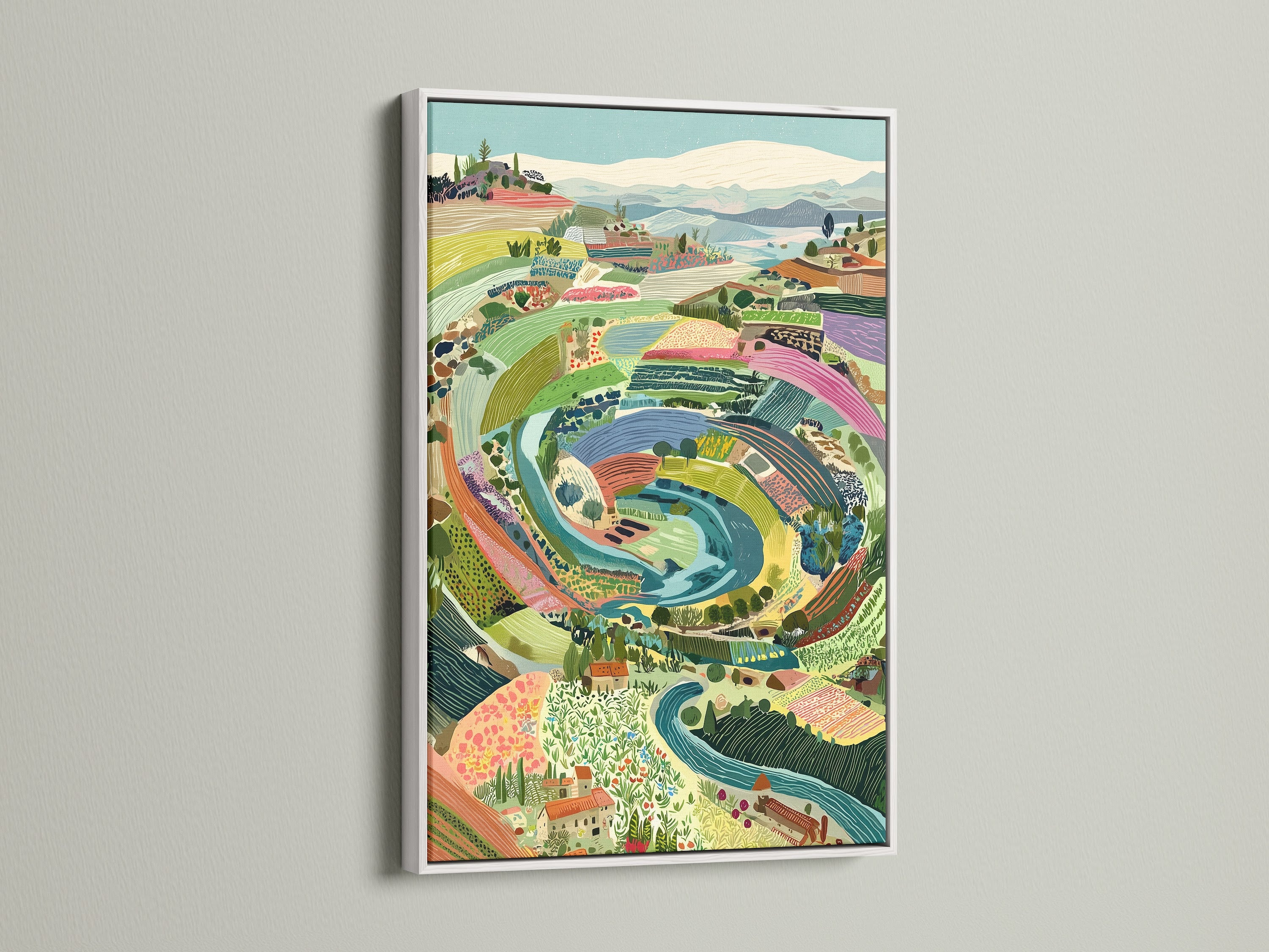 Italian Landscape artwork with a white frame. This Tuscan countryside canvas adds elegance to your home. Enjoy colorful farmhouse artwork ideal for kitchen decor. It is perfect for rustic scenic italy wall art.