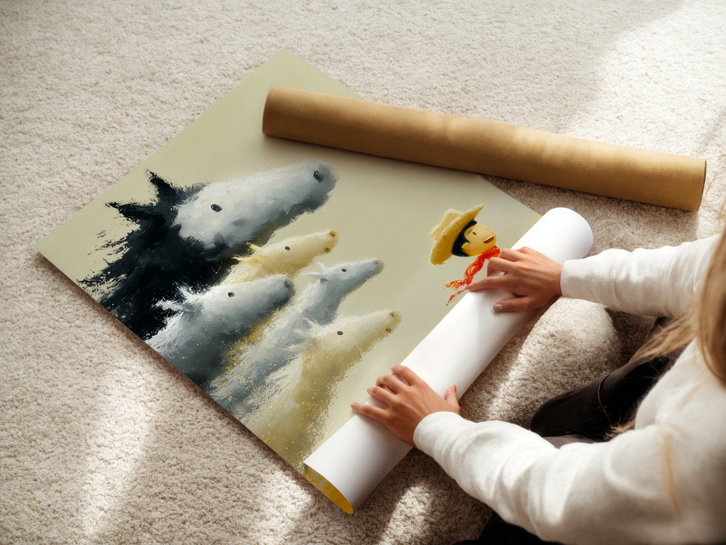 A woman rolls a fine art poster paper. The poster paper is high-quality. It is ready for printing the artwork. This poster will showcase the art beautifully.