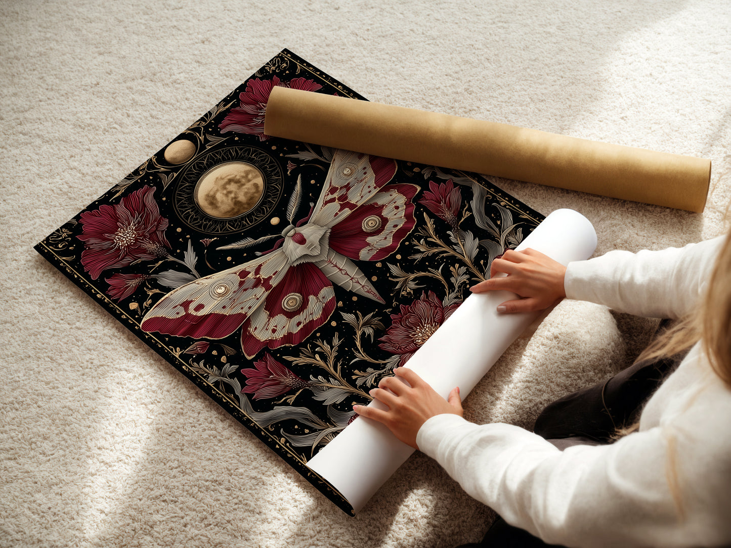 A woman carefully rolls a fine art poster paper. The paper displays celestial moth artwork. Gothic botanical details enhance the moon phases print. This is a high-quality dark botanical art piece.