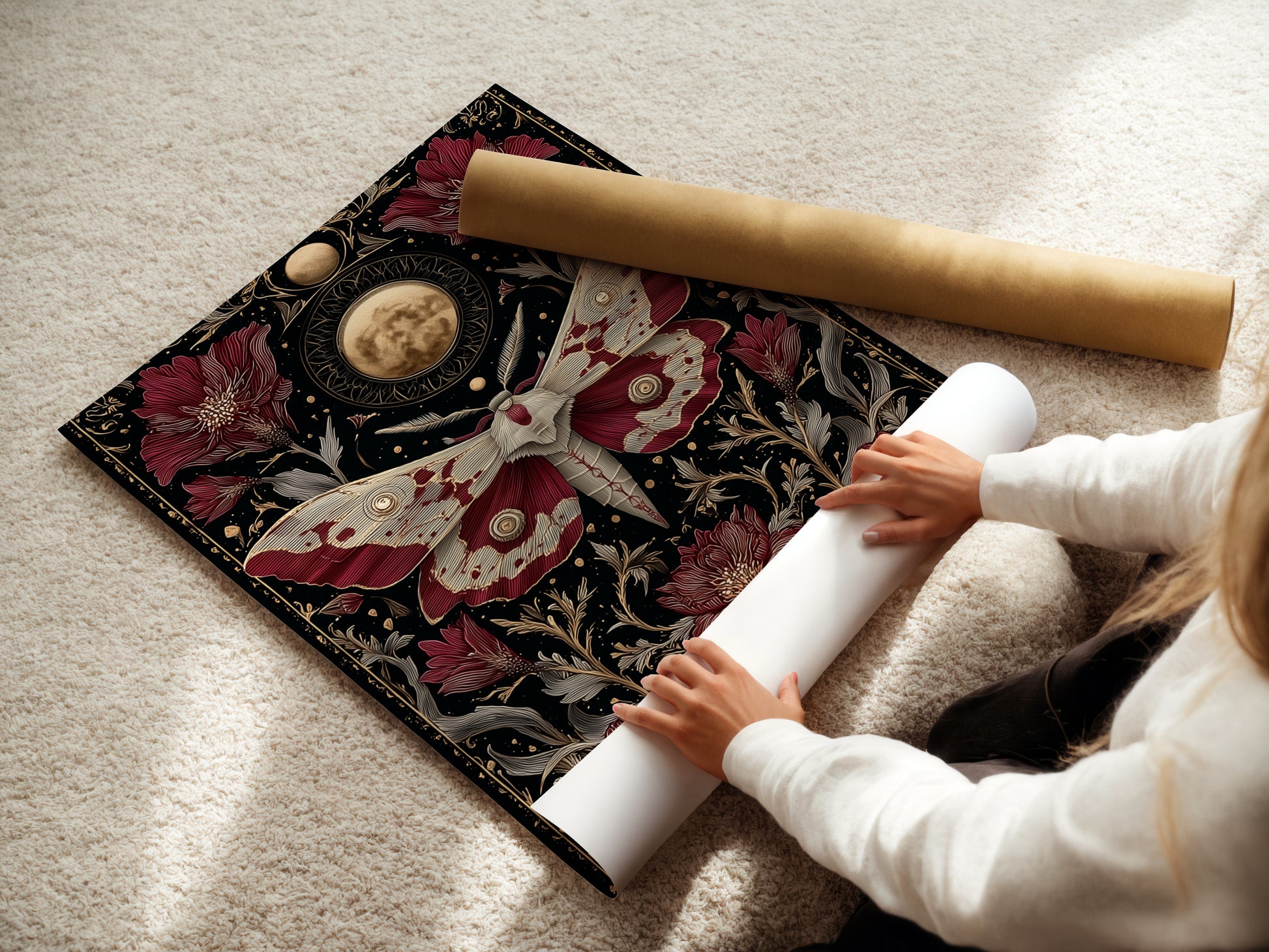 A woman carefully rolls a fine art poster paper. The paper displays celestial moth artwork. Gothic botanical details enhance the moon phases print. This is a high-quality dark botanical art piece.