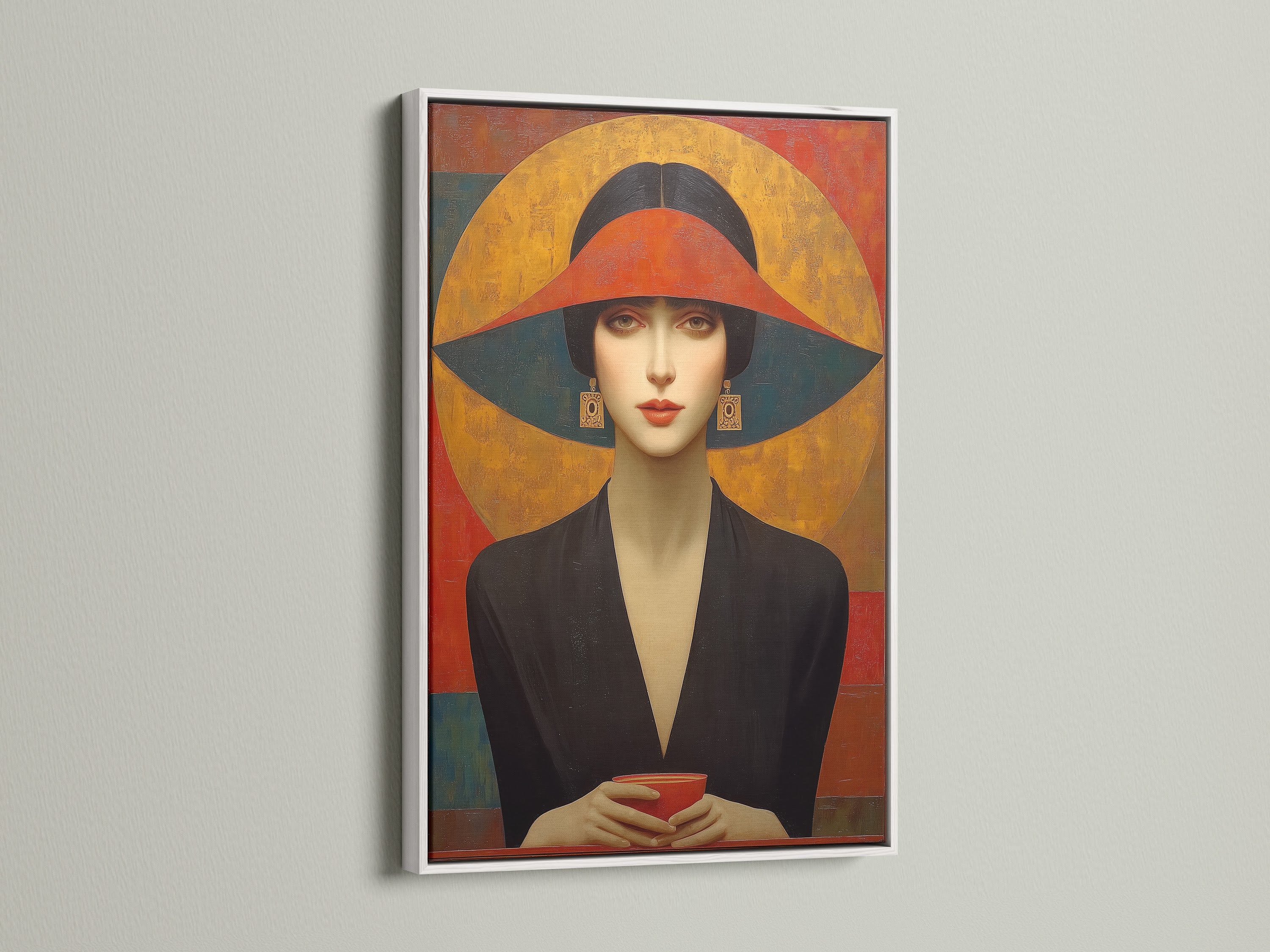 Retro geometric wall art in a white frame. The art deco woman is a vintage canvas art print. This fashion wall art will complement minimalist and contemporary styles. This is a stunning geometric portrait. It is ideal for office wall art.