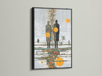 Black frame showcasing abstract human figures artwork. This modern canvas art features an orange circle. It is ideal for contemporary spaces. The reflection print adds a touch of sophistication. Elevate your living room art or office decor with this unique piece of abstract wall decor.