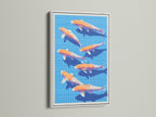 Koi Fish art in a white frame. This modern wall art features a blue and orange color palette. It is perfect for creating a serene and stylish atmosphere. Enhance your living room bedroom or office with this Japanese print.