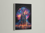 Gothic Cathedral art. The print features stained glass art and mystical architecture. A white frame enhances this cathedral artwork. Gothic wall decor for living room bedroom or office.