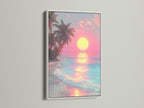 A framed beach sunset artwork with a white frame. The artwork shows a serene beach scene with palm trees. The sun reflects on the water. This framed art adds a touch of tranquility to any room.