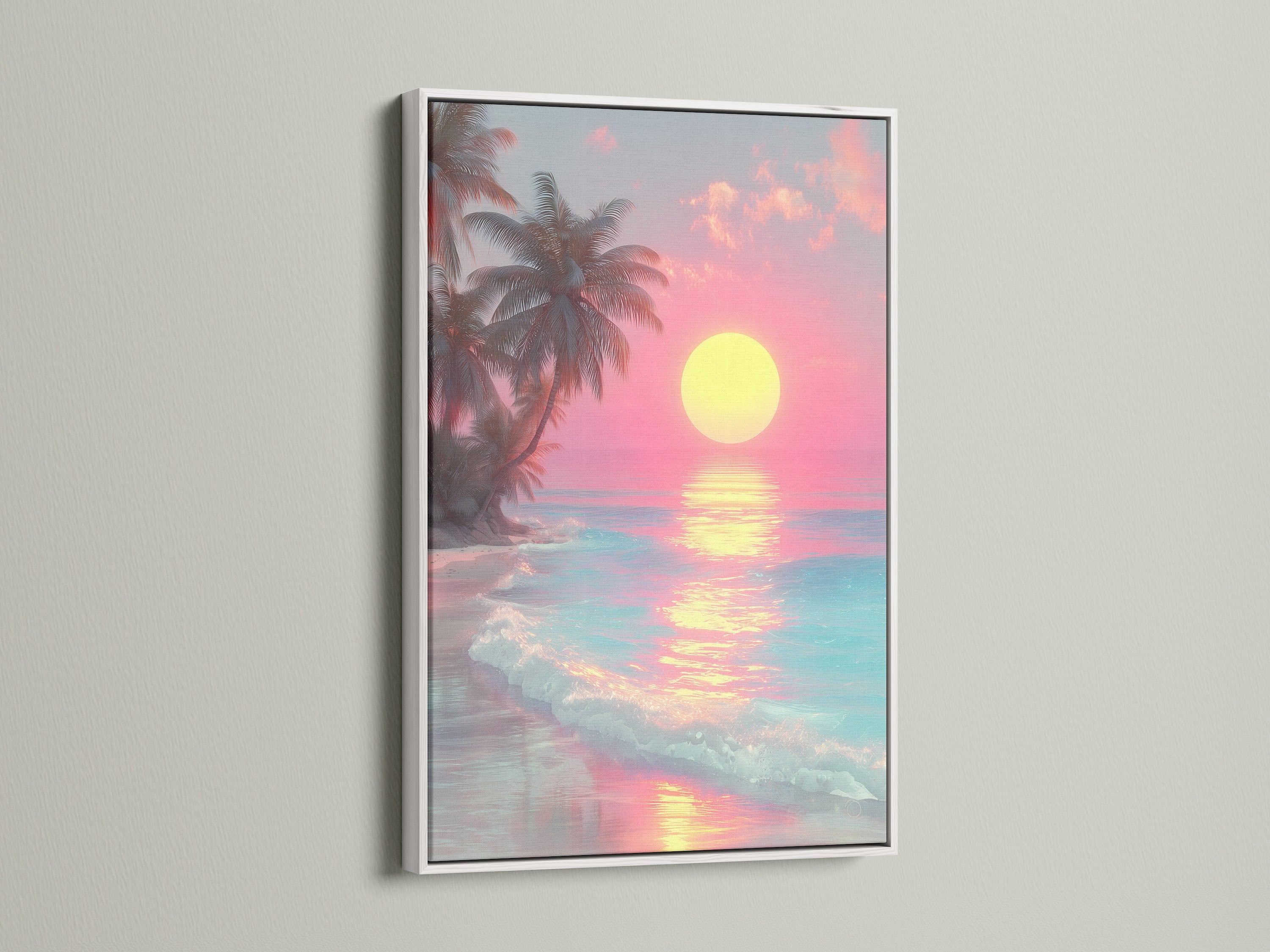 A framed beach sunset artwork with a white frame. The artwork shows a serene beach scene with palm trees. The sun reflects on the water. This framed art adds a touch of tranquility to any room.