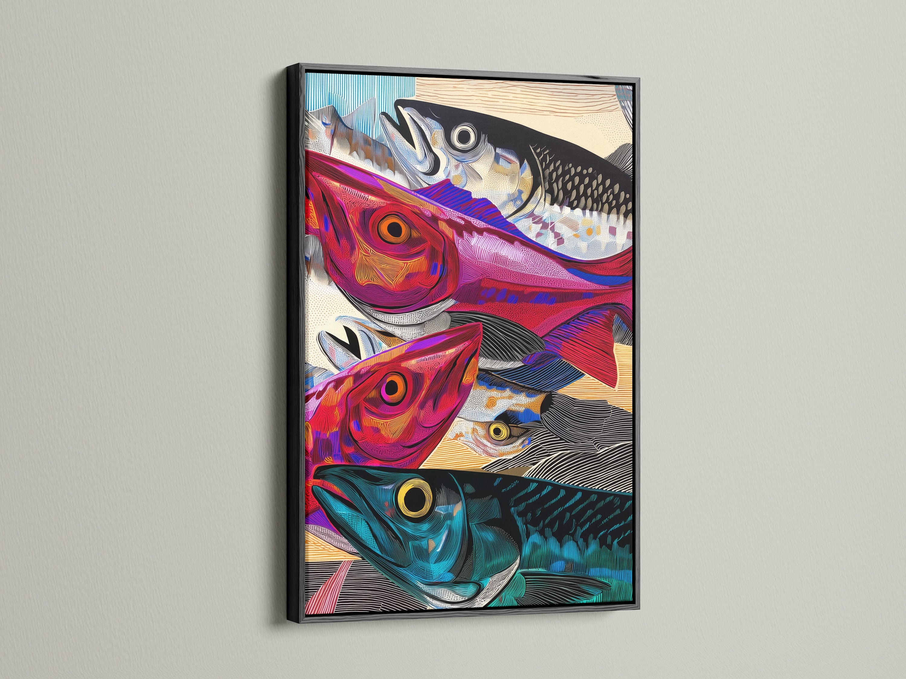 A black frame surrounds this stunning colorful fish art. The frame adds a bold touch to the vibrant artwork. This modern ocean art is ideal for minimalist or Scandinavian interiors. It elevates any space with nautical charm.