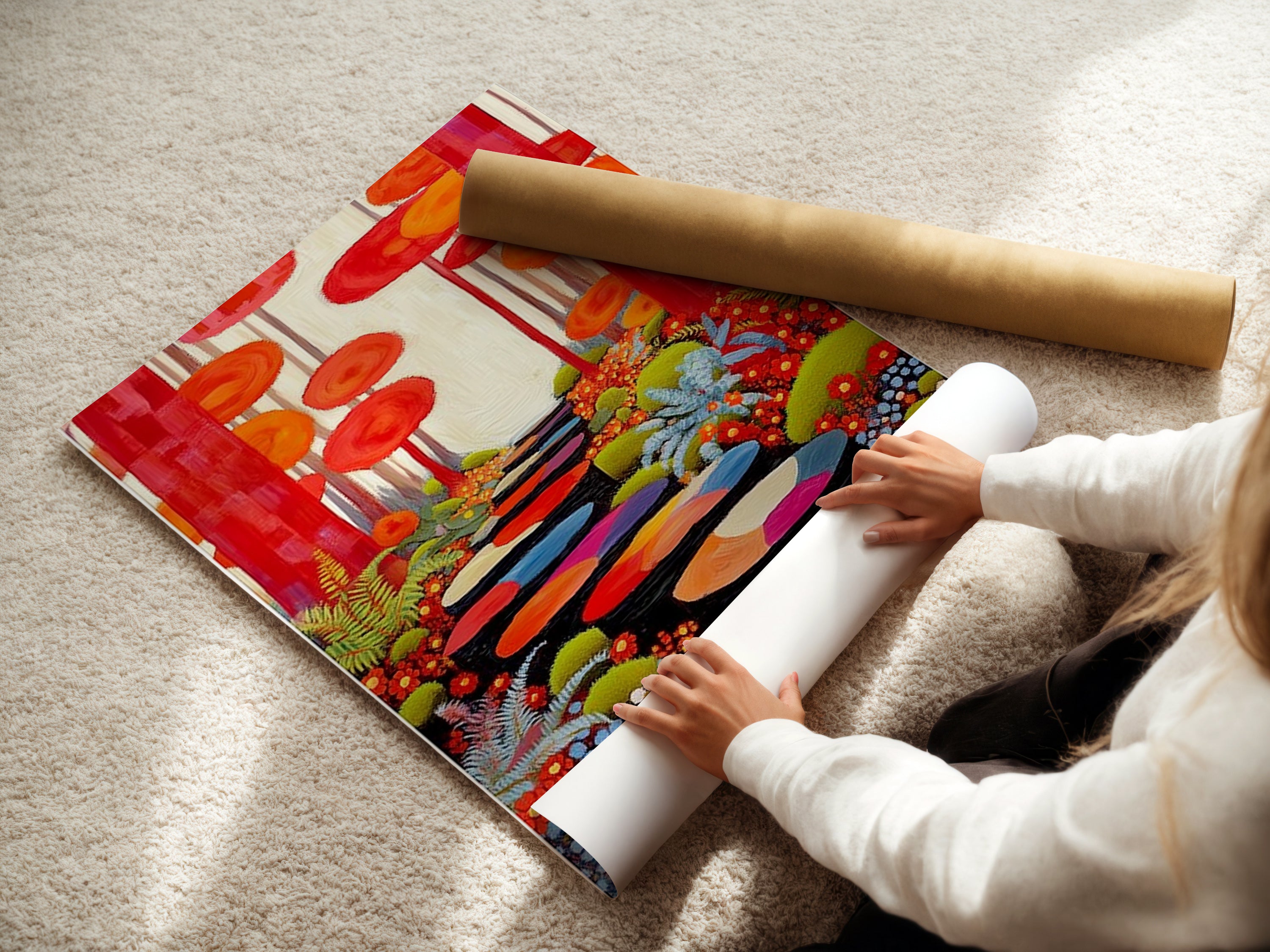A woman is carefully rolling a fine art poster paper. This high-quality poster paper is perfect for art prints. Preserve and protect your colorful trees artwork. Ideal for the Enchanted Forest nature print. Get professional results with this premium fine art paper. This paper is great for long term storage.