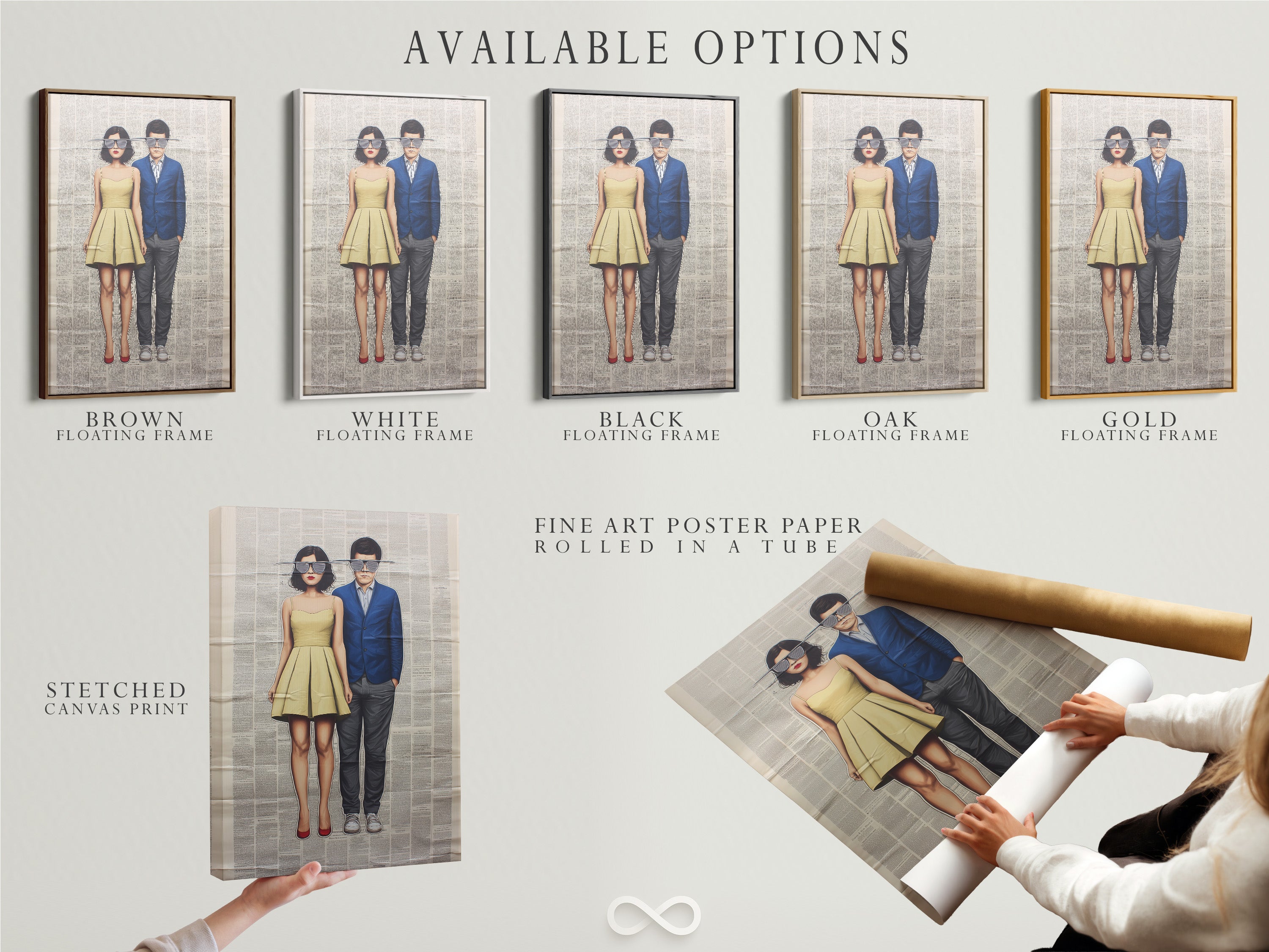 Available options for retro couple art prints including stretched canvas prints fine art poster paper and floating frames. Customize your mid-century modern artwork to match your unique style and space. Elevate your home decor today.