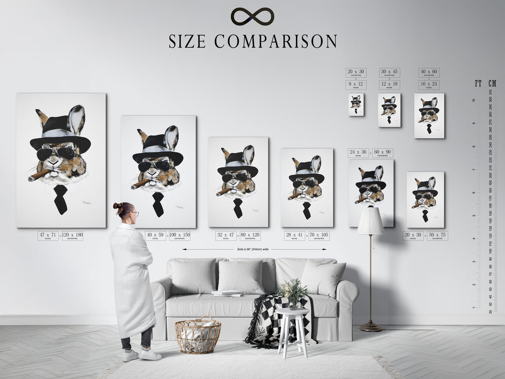 A size comparison chart of the Gentleman Rabbit artwork in an interior setting. See how different sizes fit your space. Visualize the artwork in your living room or office. Choose the perfect size for your needs. Make an informed decision with this helpful chart.