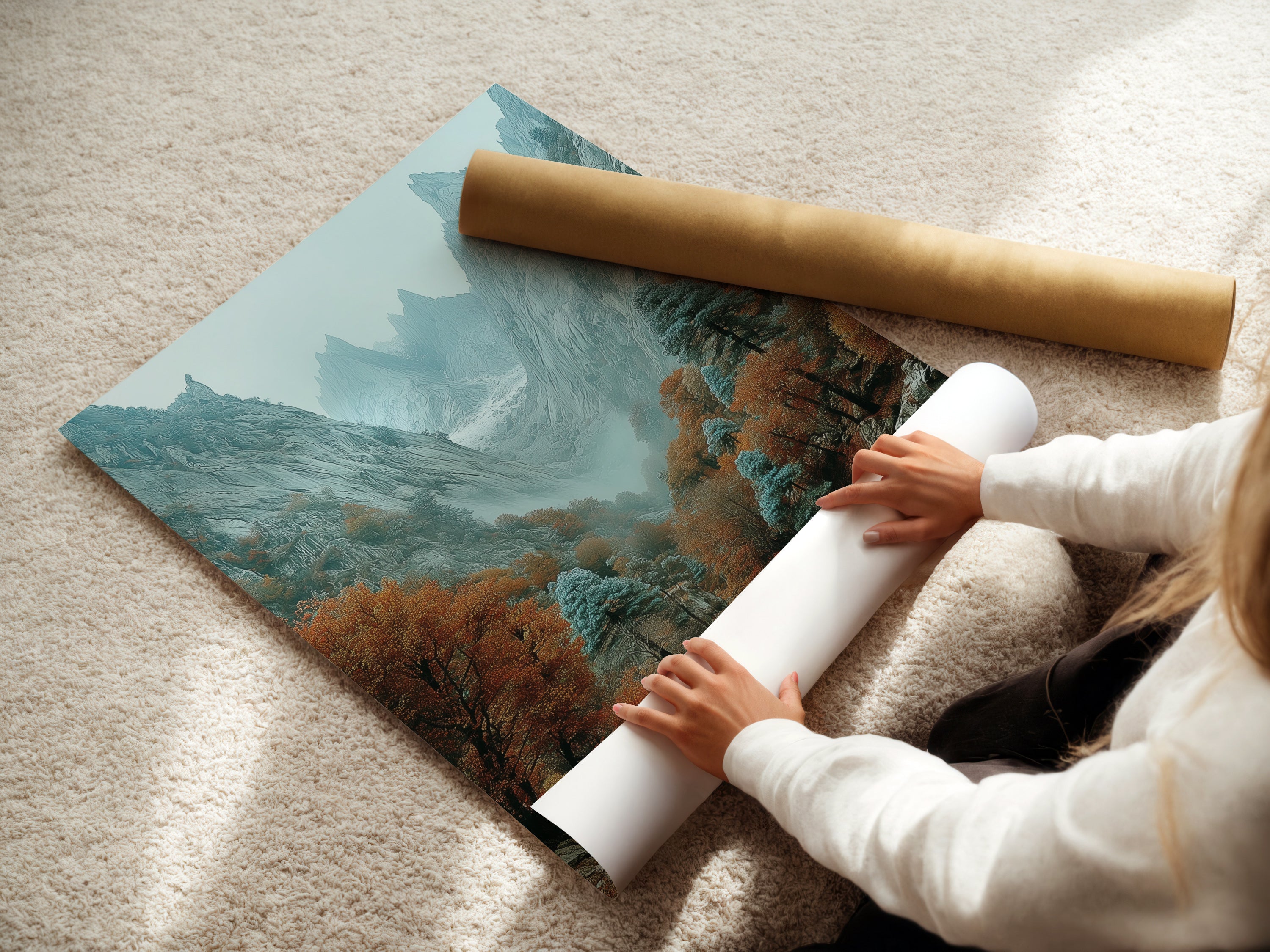 A woman is carefully rolling a fine art poster paper print of a mountain valley. The artwork features a misty canyon and autumn landscape. This high-quality print is perfect for adding a touch of nature to your home decor collection.