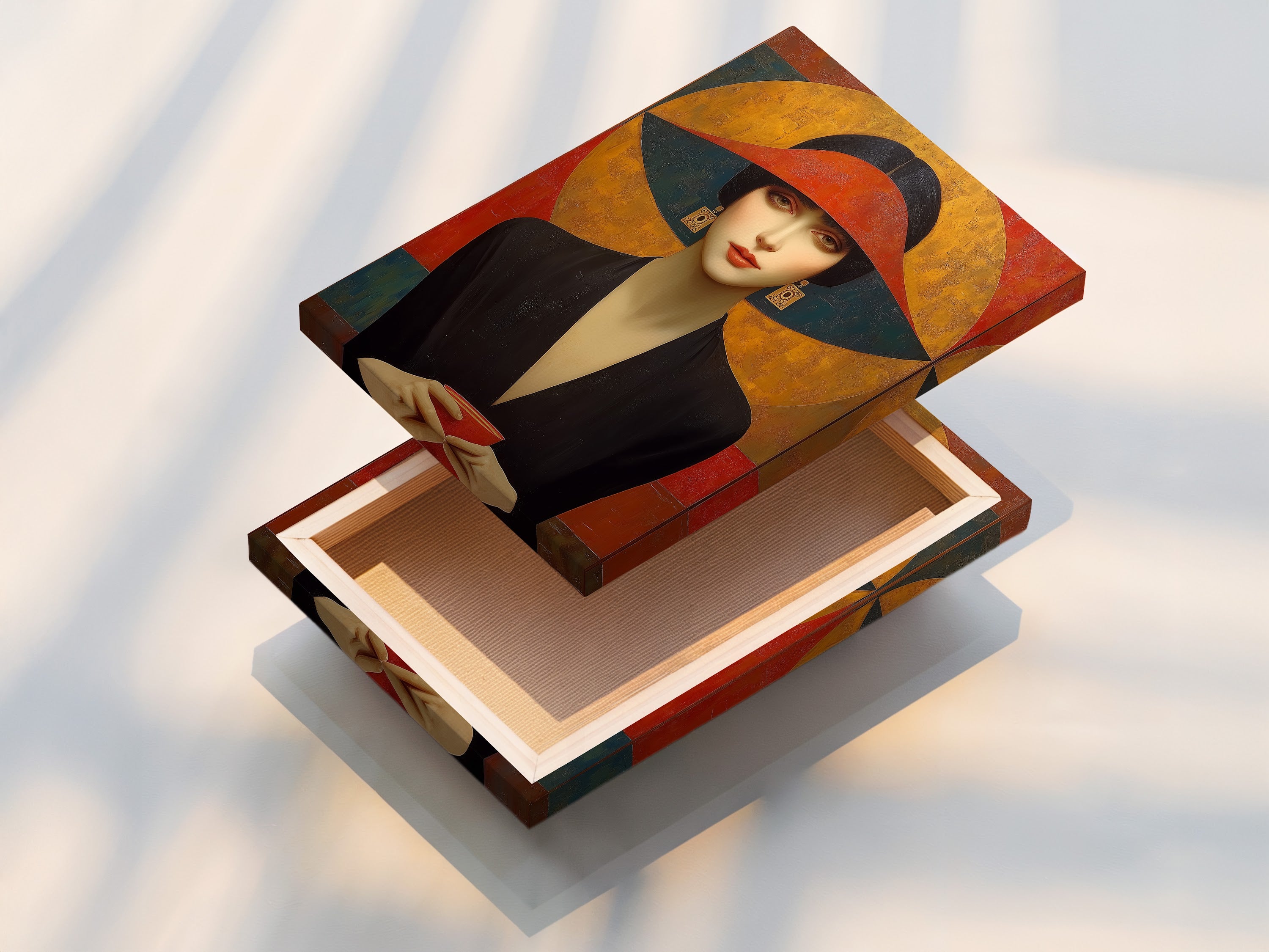 Stretched canvas print of an Art Deco woman portrait. This vintage fashion canvas art features retro geometric wall art. This artwork is perfect for adding a touch of elegance to any room. It is ready to hang. This is a vintage poster art.