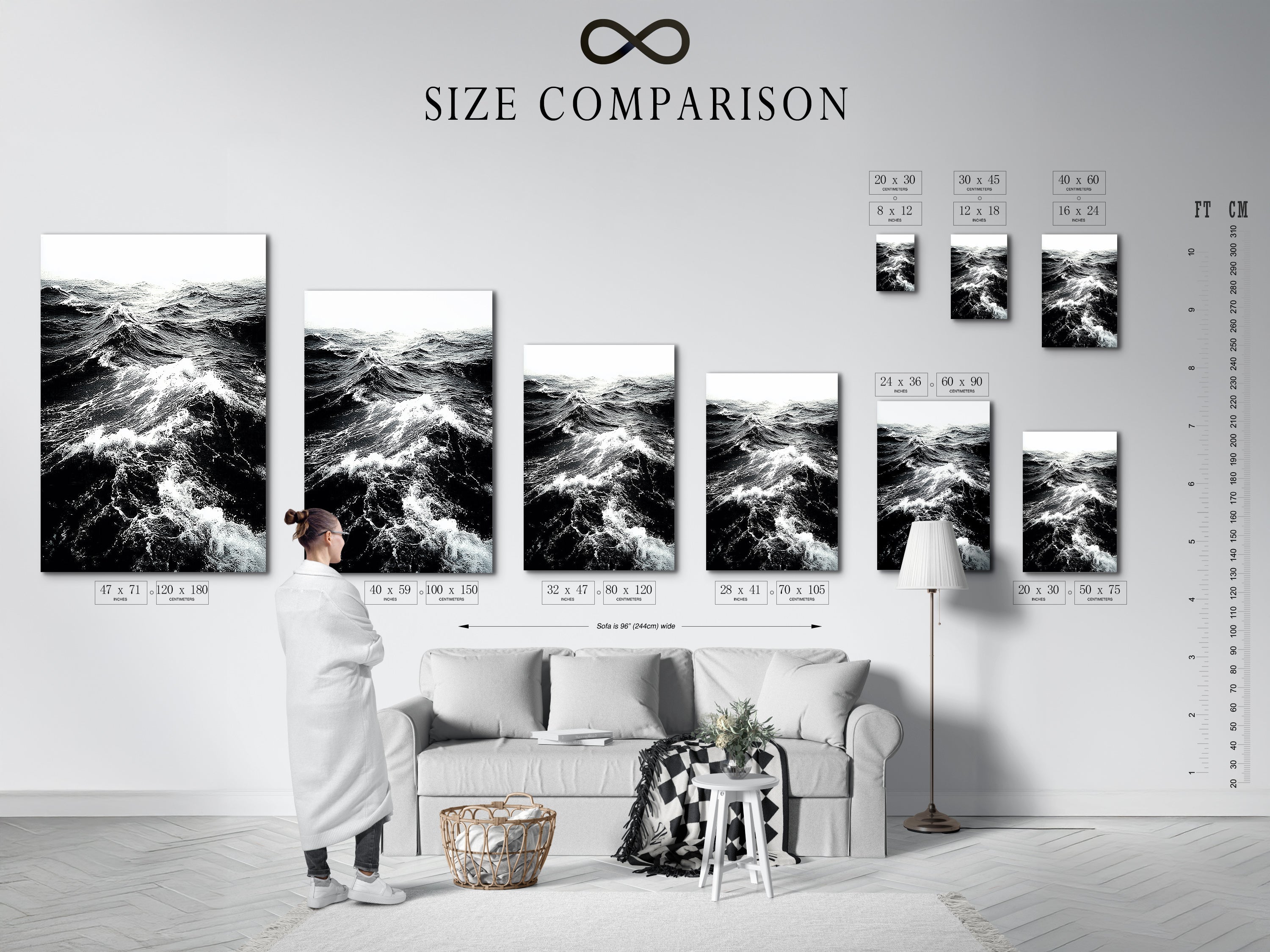Size comparison chart in an interior setting. This chart helps you visualize the perfect size for your space. Choose the ideal dimensions for your ocean wave art. Find the perfect fit for your walls today.