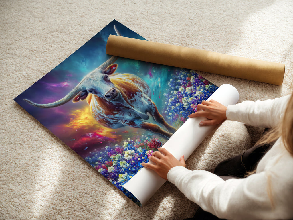 A woman carefully rolls a fine art poster paper. The mystical cow artwork will soon adorn walls. The fantasy animal art is perfect for home or office decor. The wildflower field art complements any style. Get ready to elevate your space with this ethereal and magical artwork.