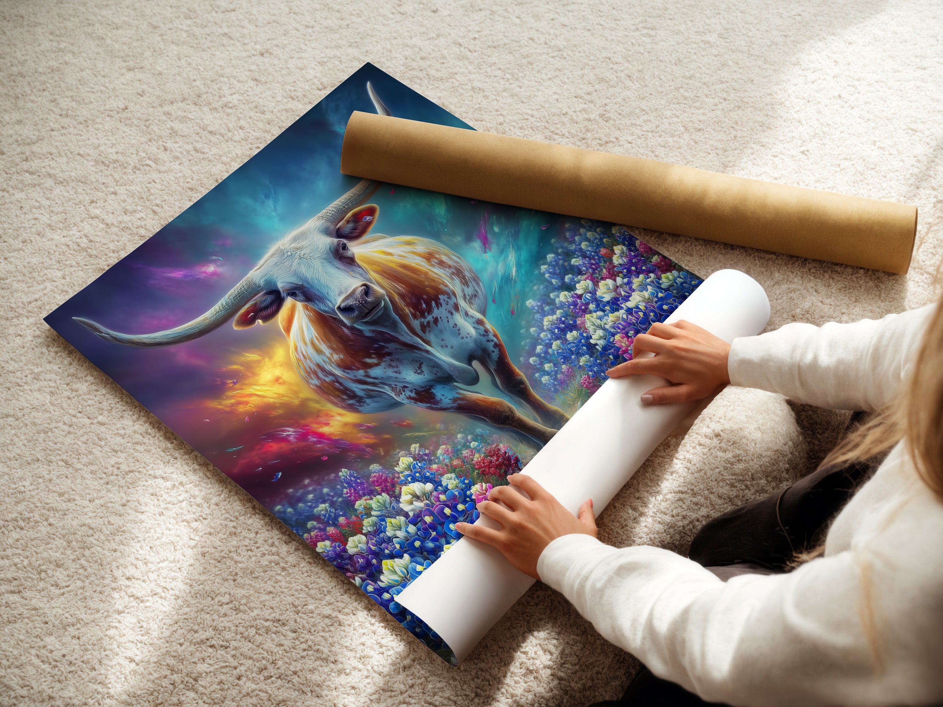 A woman carefully rolls a fine art poster paper. The mystical cow artwork will soon adorn walls. The fantasy animal art is perfect for home or office decor. The wildflower field art complements any style. Get ready to elevate your space with this ethereal and magical artwork.