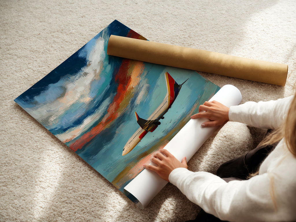 A woman is carefully rolling a fine art poster paper. The aviation art poster showcases a beautiful airplane in the sky. This allows for safe shipping and preservation of the artwork. Perfect for aviation enthusiasts. The modern print is easy to frame.