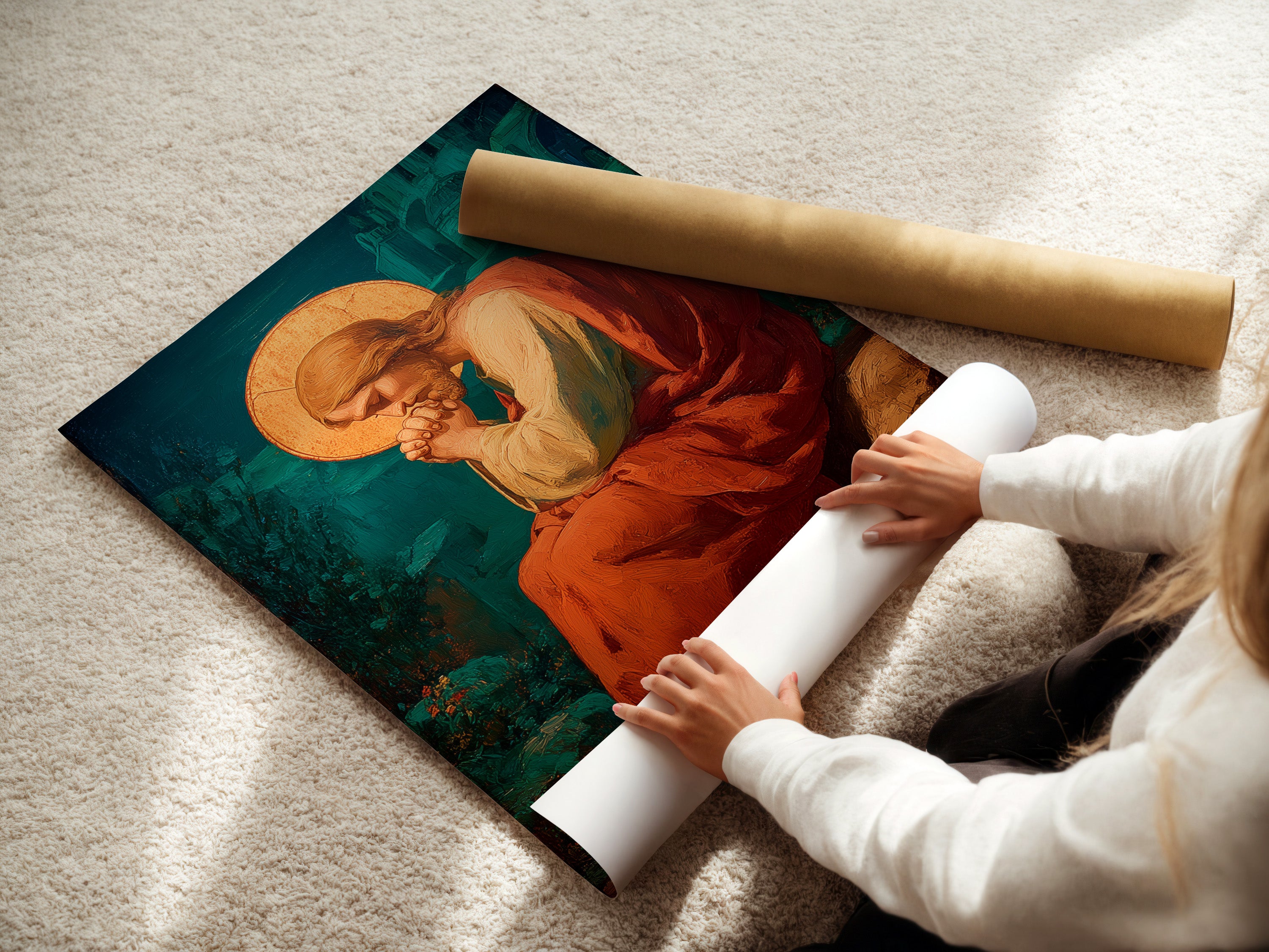 A woman carefully rolling fine art poster paper. High-quality paper ensures vibrant colors and sharp details. Preserving your artwork for years to come. Perfect for art enthusiasts and collectors.
