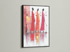 Justice Scales artwork displayed in a black frame. The art features figures in a palette of red hues. They are carrying scales representing the balance of law. Add a touch of sophistication to your office wall decor.