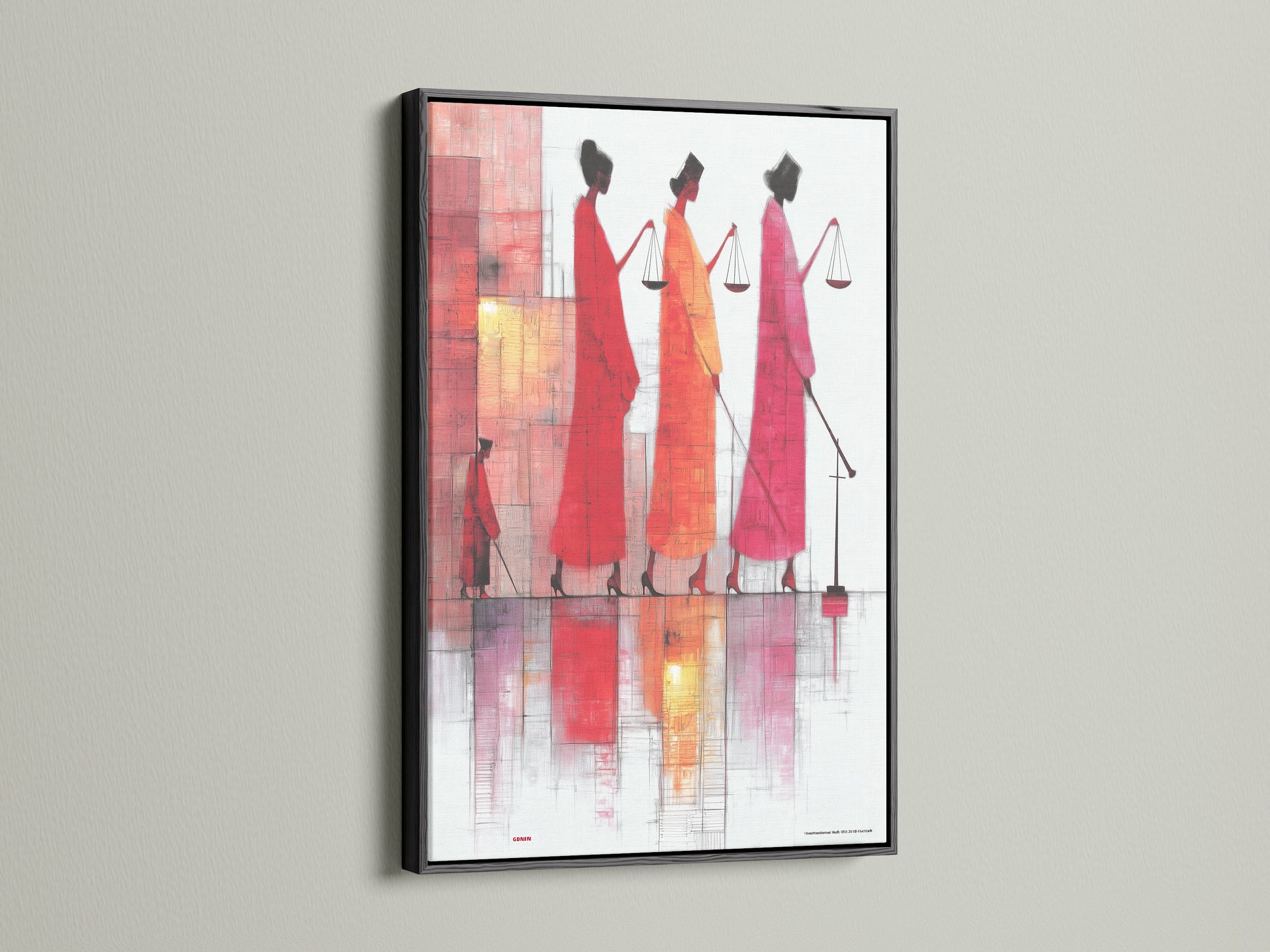Justice Scales artwork displayed in a black frame. The art features figures in a palette of red hues. They are carrying scales representing the balance of law. Add a touch of sophistication to your office wall decor.