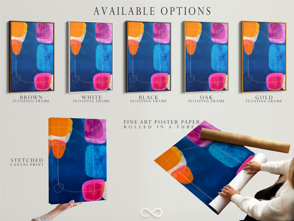 Available options for the abstract geometric artwork. Choose from a stretched canvas print fine art poster paper or a floating frame. Customize your modern wall art to suit your style. Create a unique piece that enhances any space with contemporary flair