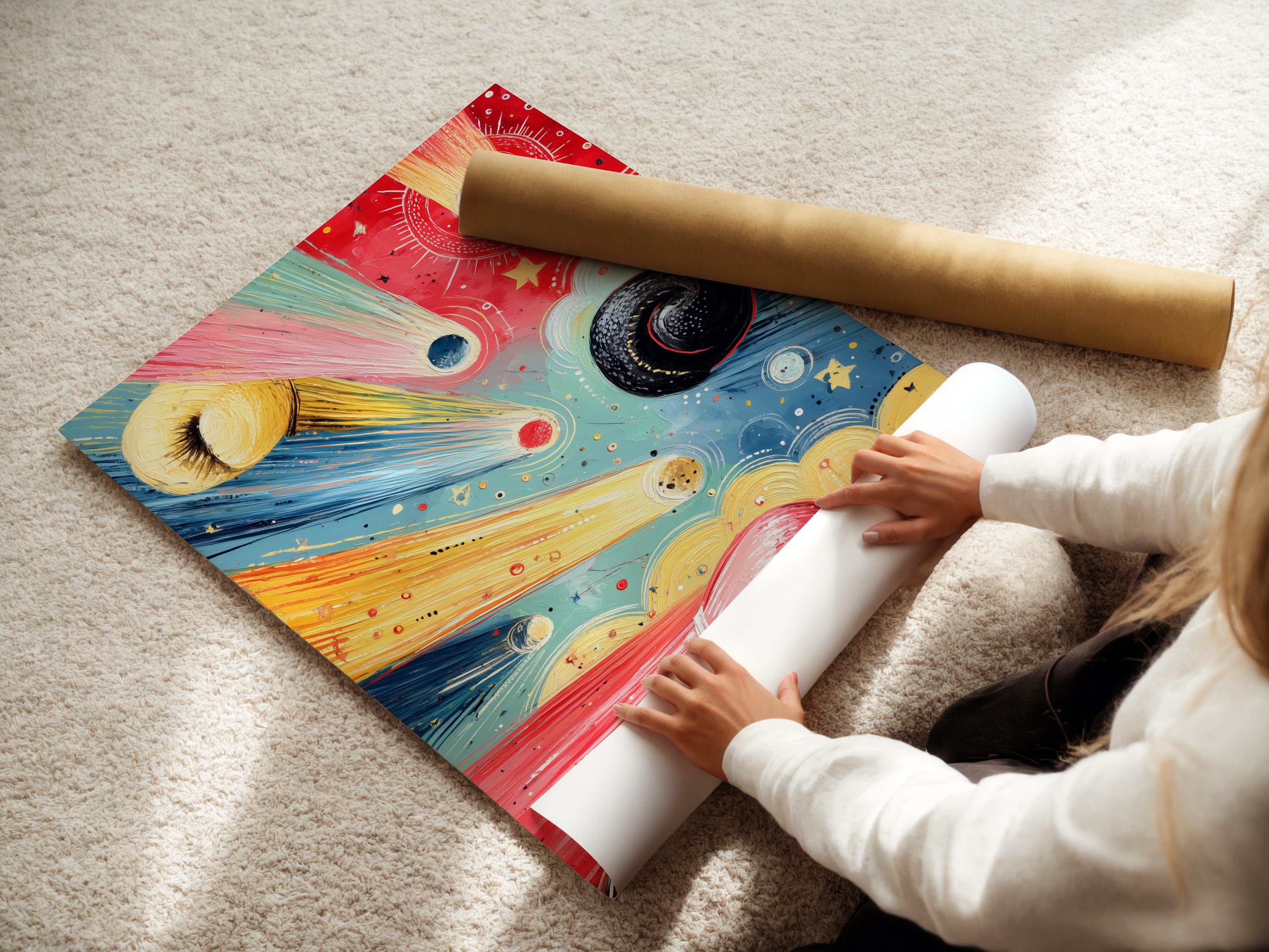 A woman is carefully rolling a fine art poster paper. The fine art paper ensures high-quality reproduction. This is perfect for boxing gloves artwork and sports art. The rolled poster is ready for framing or display. The fine art poster paper brings out the colors. It's ideal for home gym or office decor. This is a great option for art collectors.