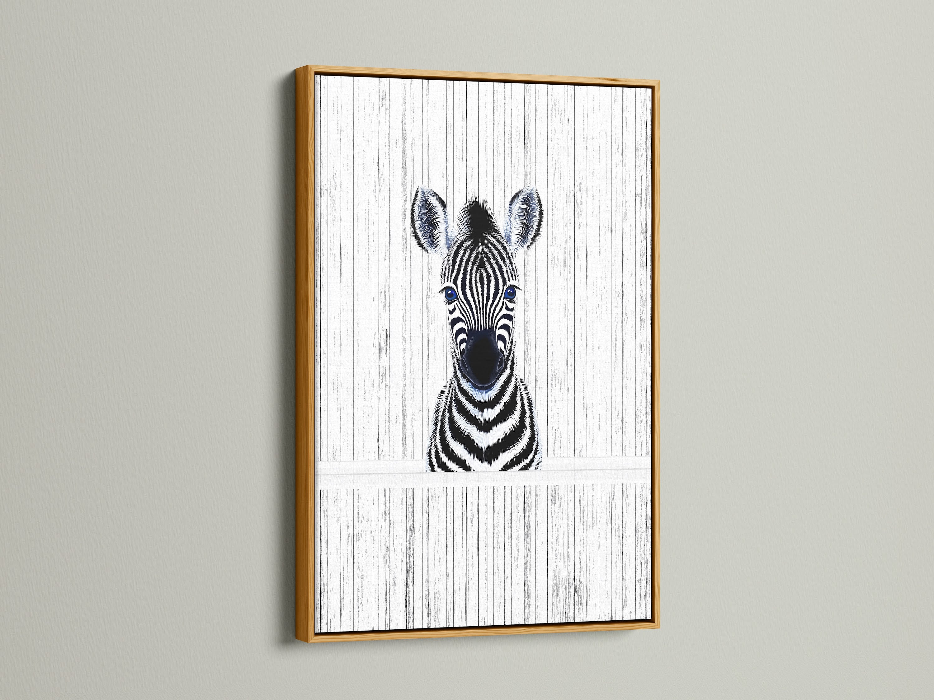 A stunning Baby Zebra artwork presented in a gold frame. This elegant animal print is perfect for kids room decor. The gold frame adds a touch of sophistication to the zebra poster. A beautiful piece for a safari nursery.