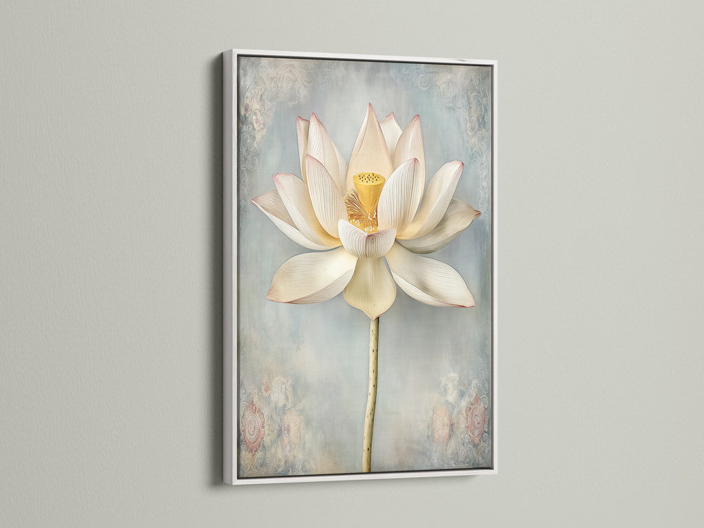 Lotus Flower artwork in a white floating frame. Floral fine art print adds a touch of elegance. Calming artwork is a perfect gift. Elevate your home with this serene botanical print.