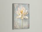 Lotus Flower artwork in a white floating frame. Floral fine art print adds a touch of elegance. Calming artwork is a perfect gift. Elevate your home with this serene botanical print.