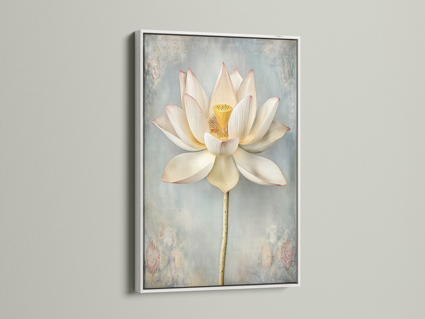 Lotus Flower artwork in a white floating frame. Floral fine art print adds a touch of elegance. Calming artwork is a perfect gift. Elevate your home with this serene botanical print.