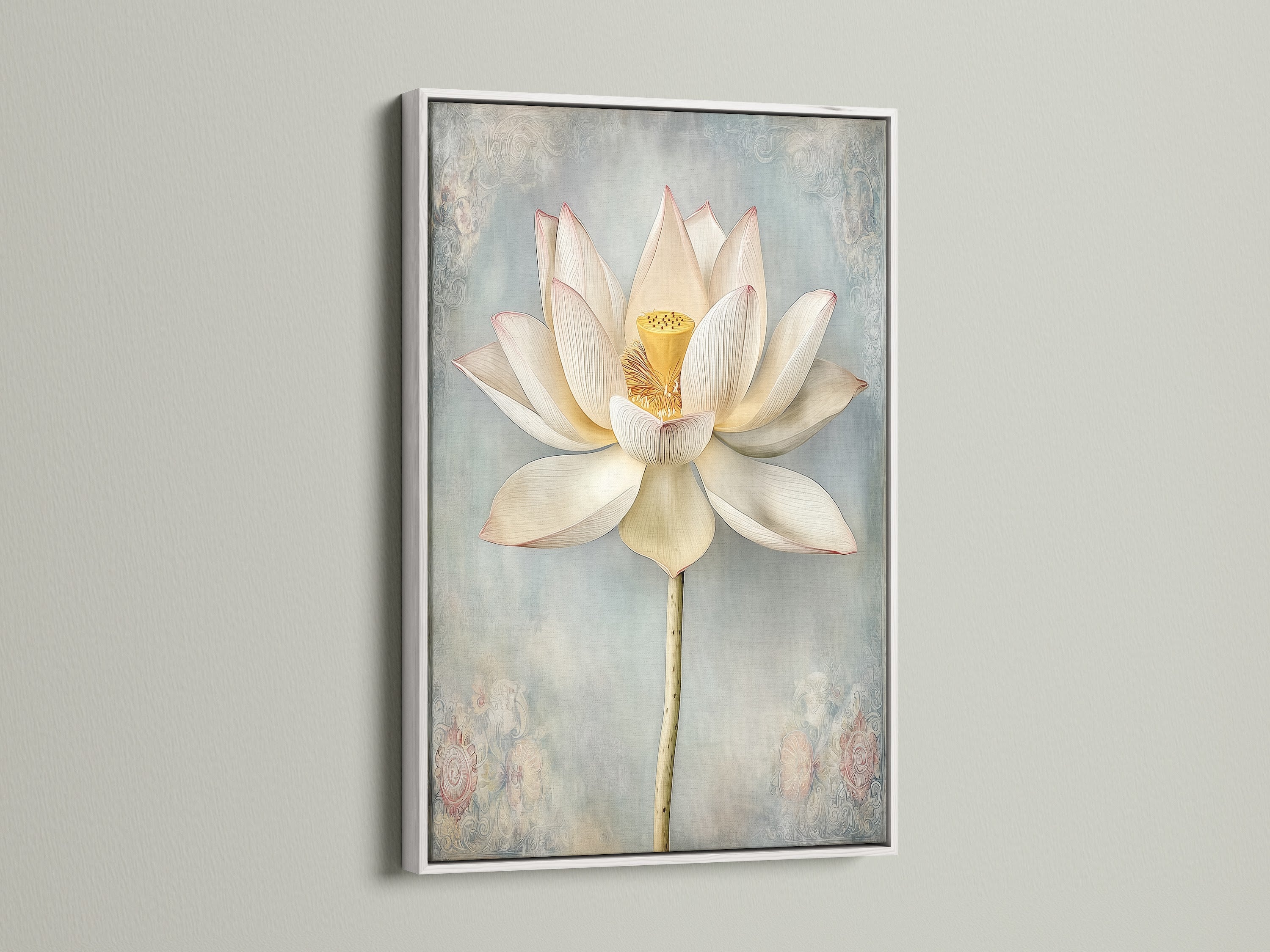 Lotus Flower artwork in a white floating frame. Floral fine art print adds a touch of elegance. Calming artwork is a perfect gift. Elevate your home with this serene botanical print.