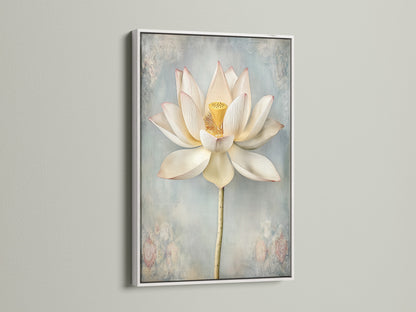 Lotus Flower artwork in a white floating frame. Floral fine art print adds a touch of elegance. Calming artwork is a perfect gift. Elevate your home with this serene botanical print.