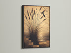 Cattails artwork in a black frame. A striking contrast that highlights the earthy tones. This neutral canvas is ideal for modern homes. Bring nature indoors with this calming artwork.