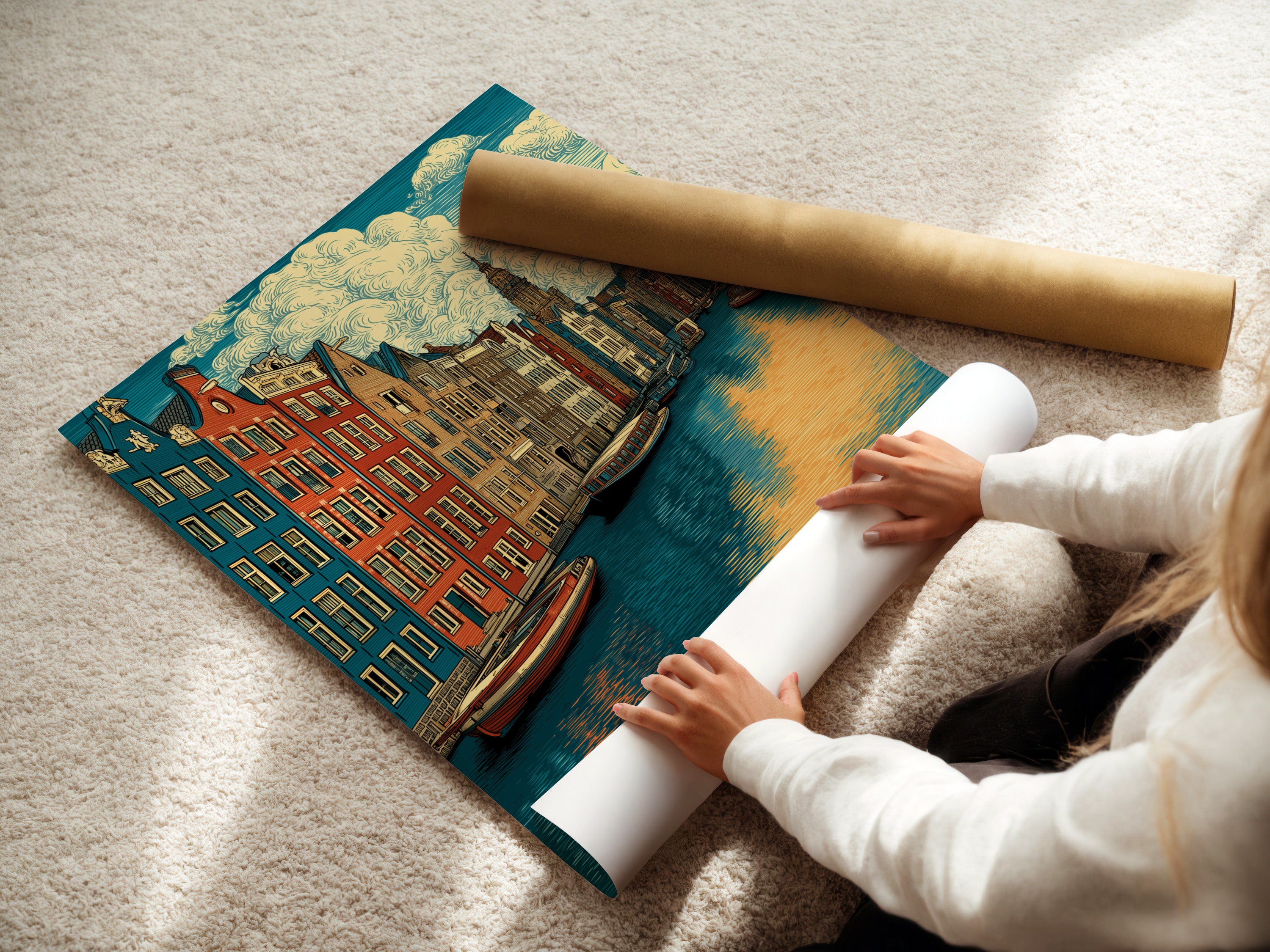 Stampa artistica del canale di Amsterdam - Arte murale della città europea, poster di viaggio vintage per l'arredamento del soggiorno, tela con architettura olandese