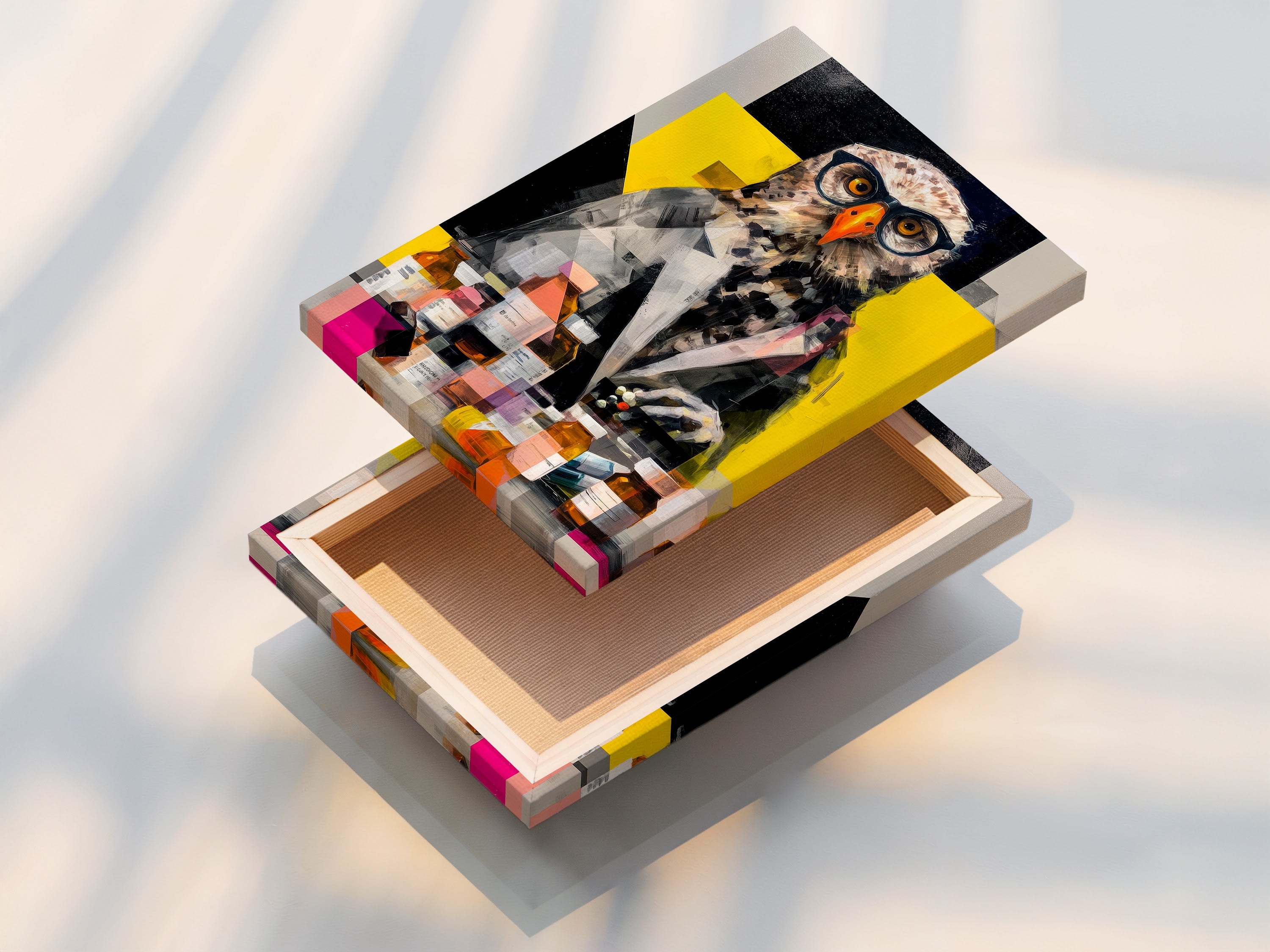 A stretched canvas print showcases the owl scientist artwork. This contemporary wildlife art is ready to hang. It is perfect for office study room or any wall. The stretched canvas provides a gallery-quality look. Add a touch of intellectual charm to your decor.